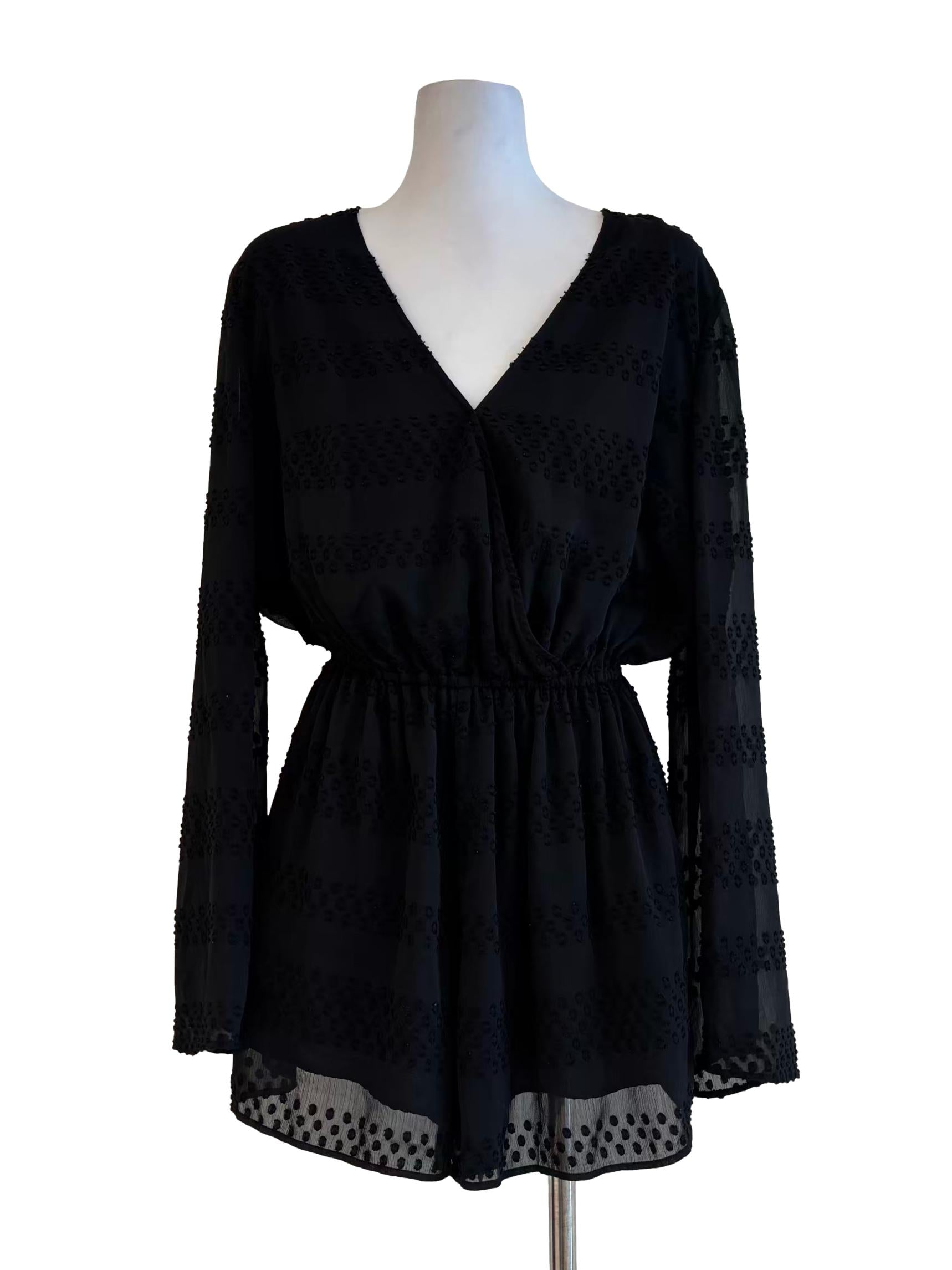 Jet Black Long Sleeve Textured Rompers