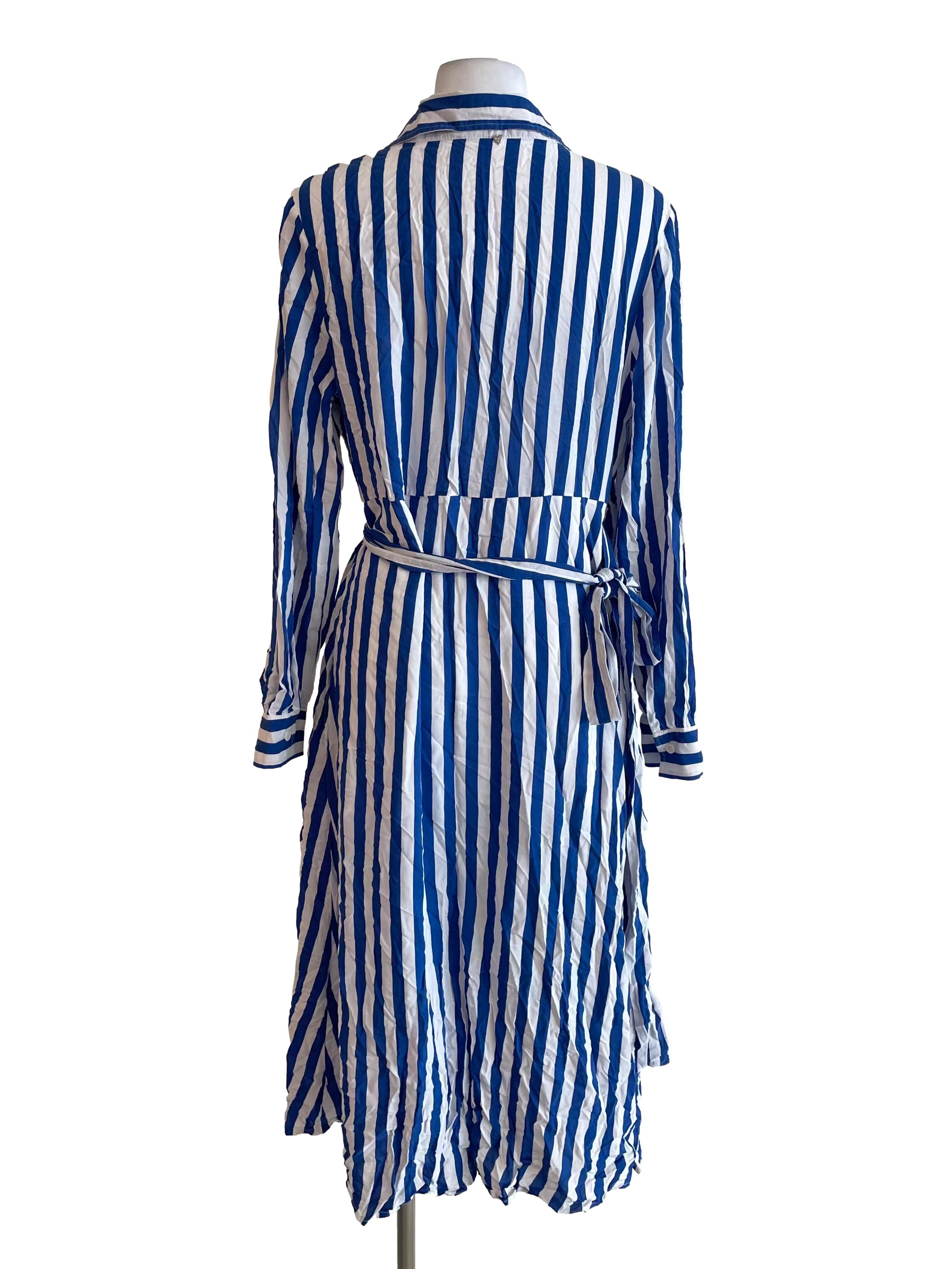 Lapis & White Awning Stripe Shirt Wrap Dress