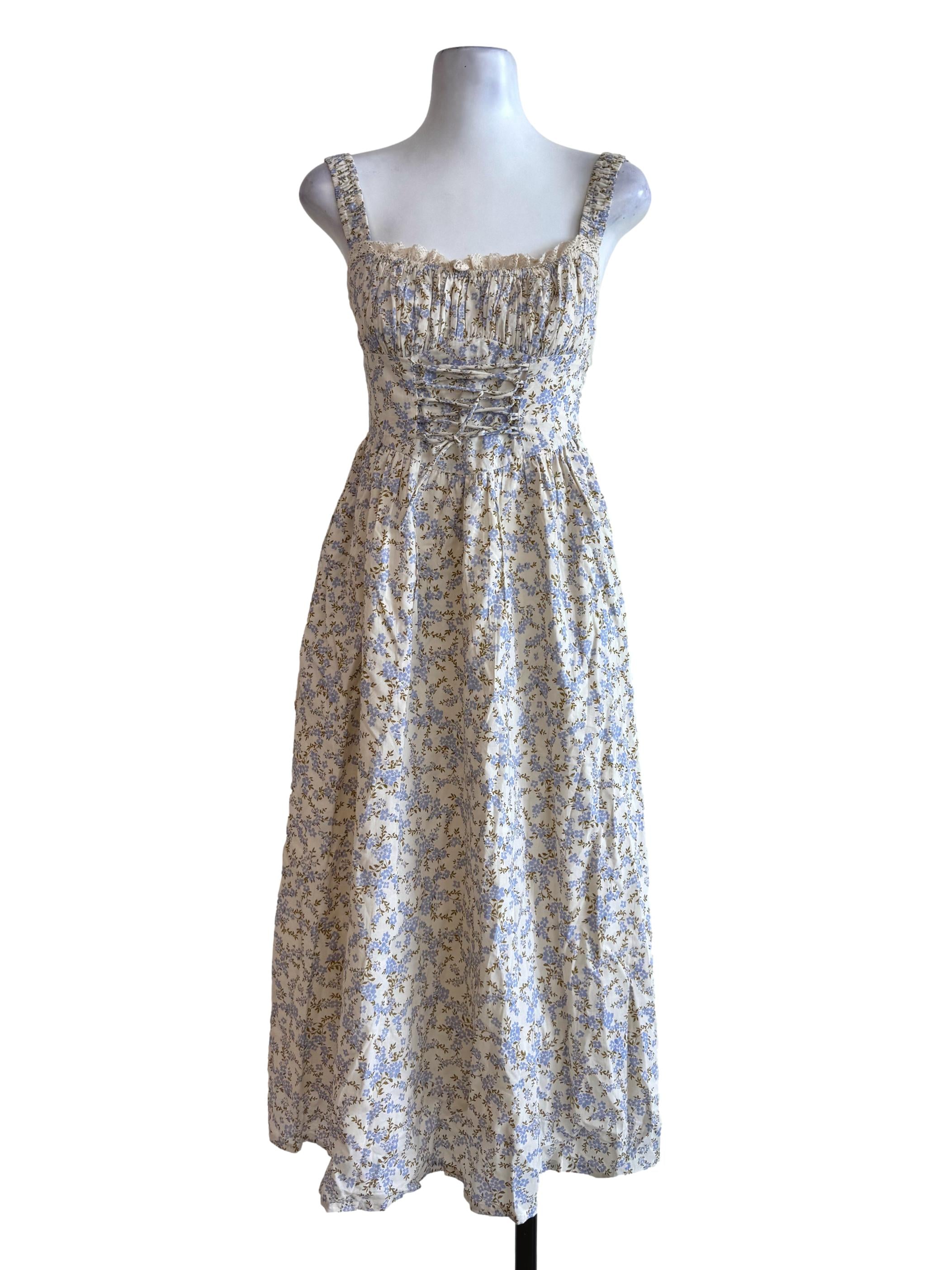 Pale Brown With Baby Blue Prints Dress