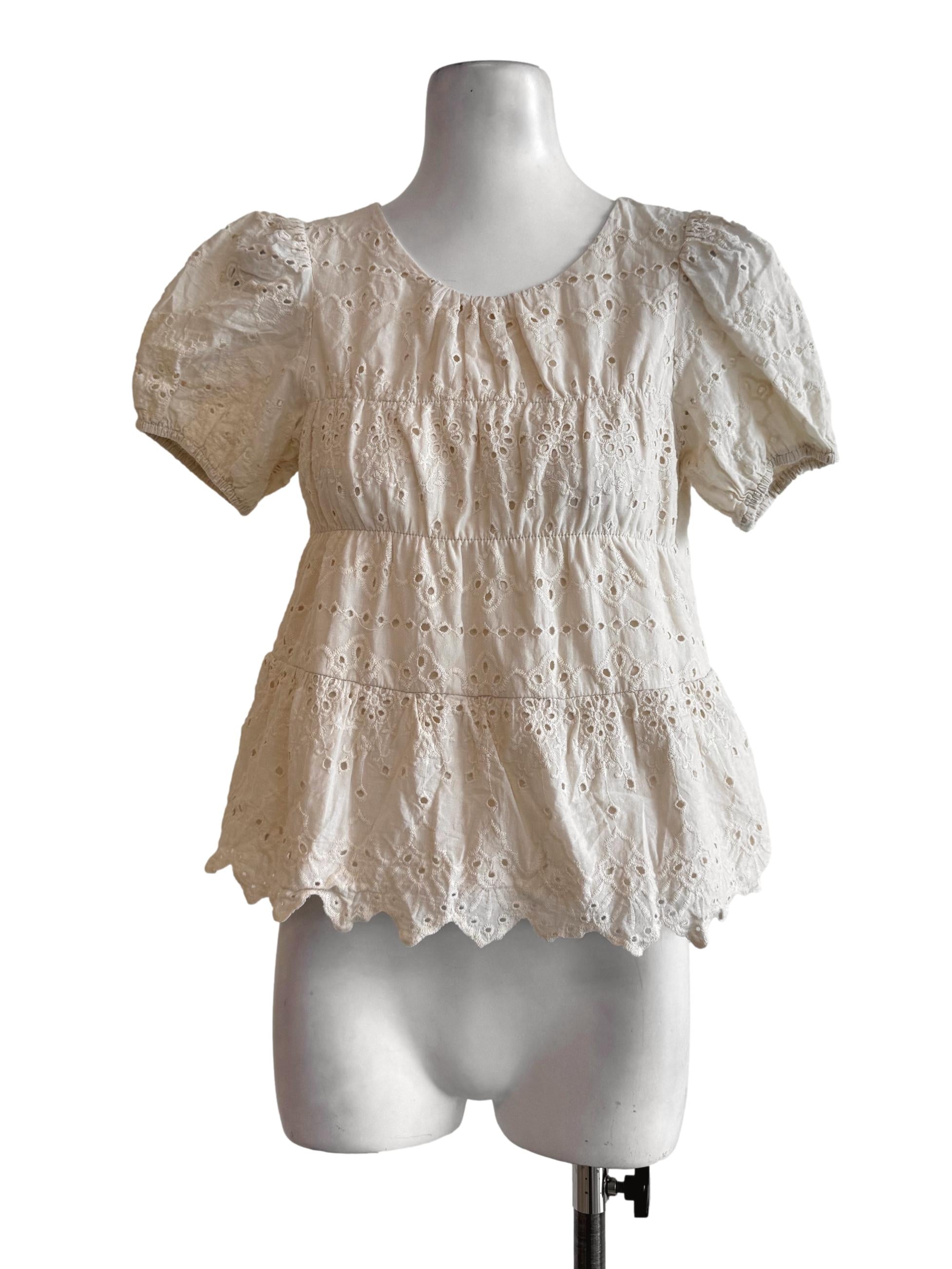 Oat Beige Eyelet Round Neck Top