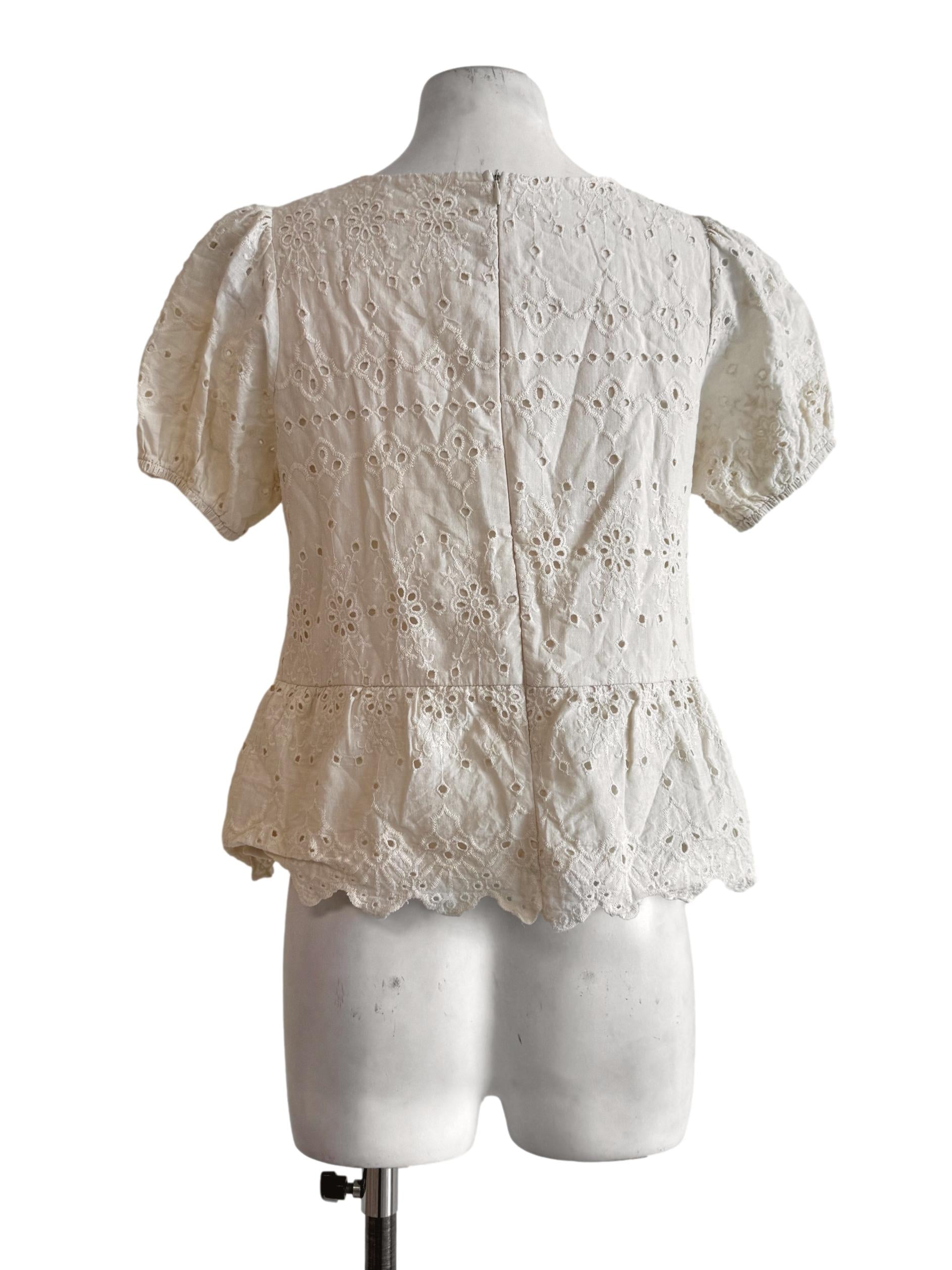 Oat Beige Eyelet Round Neck Top