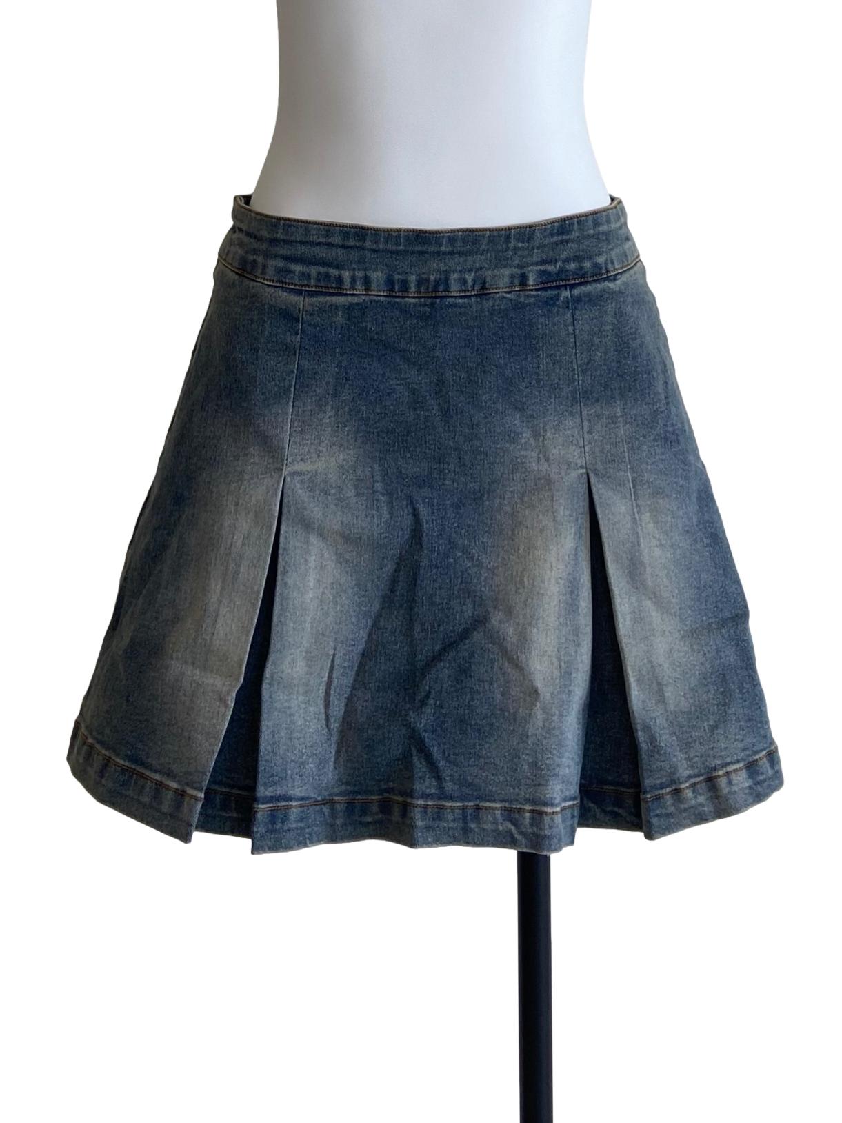 Blue Herringbone Pleated Jeans Skirt