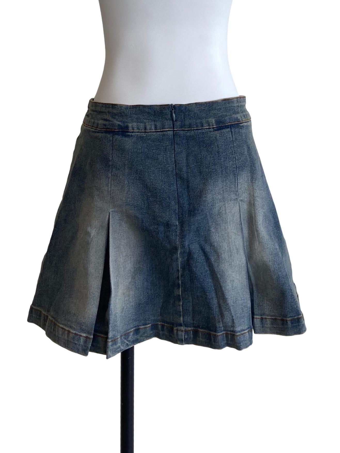 Blue Herringbone Pleated Jeans Skirt