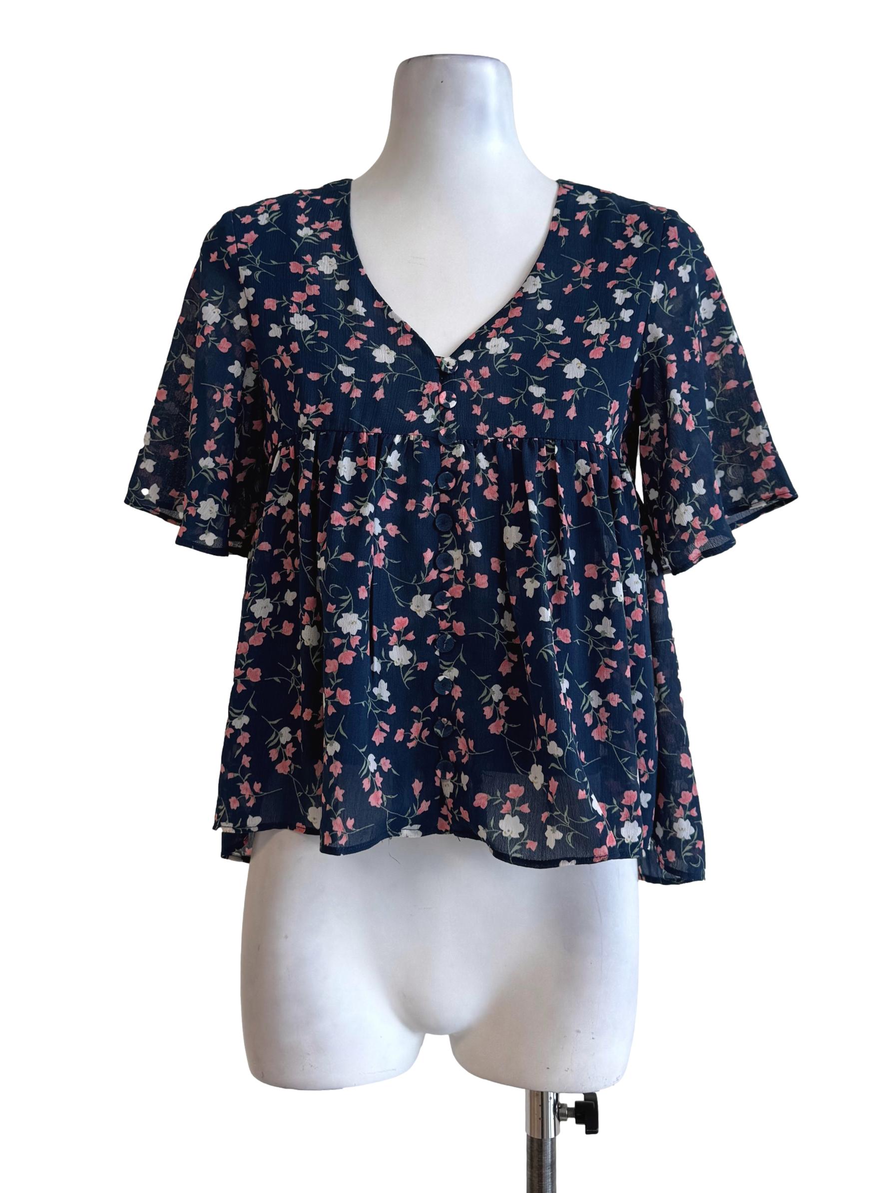 Azure Blue With Prints V Neck Top TCL