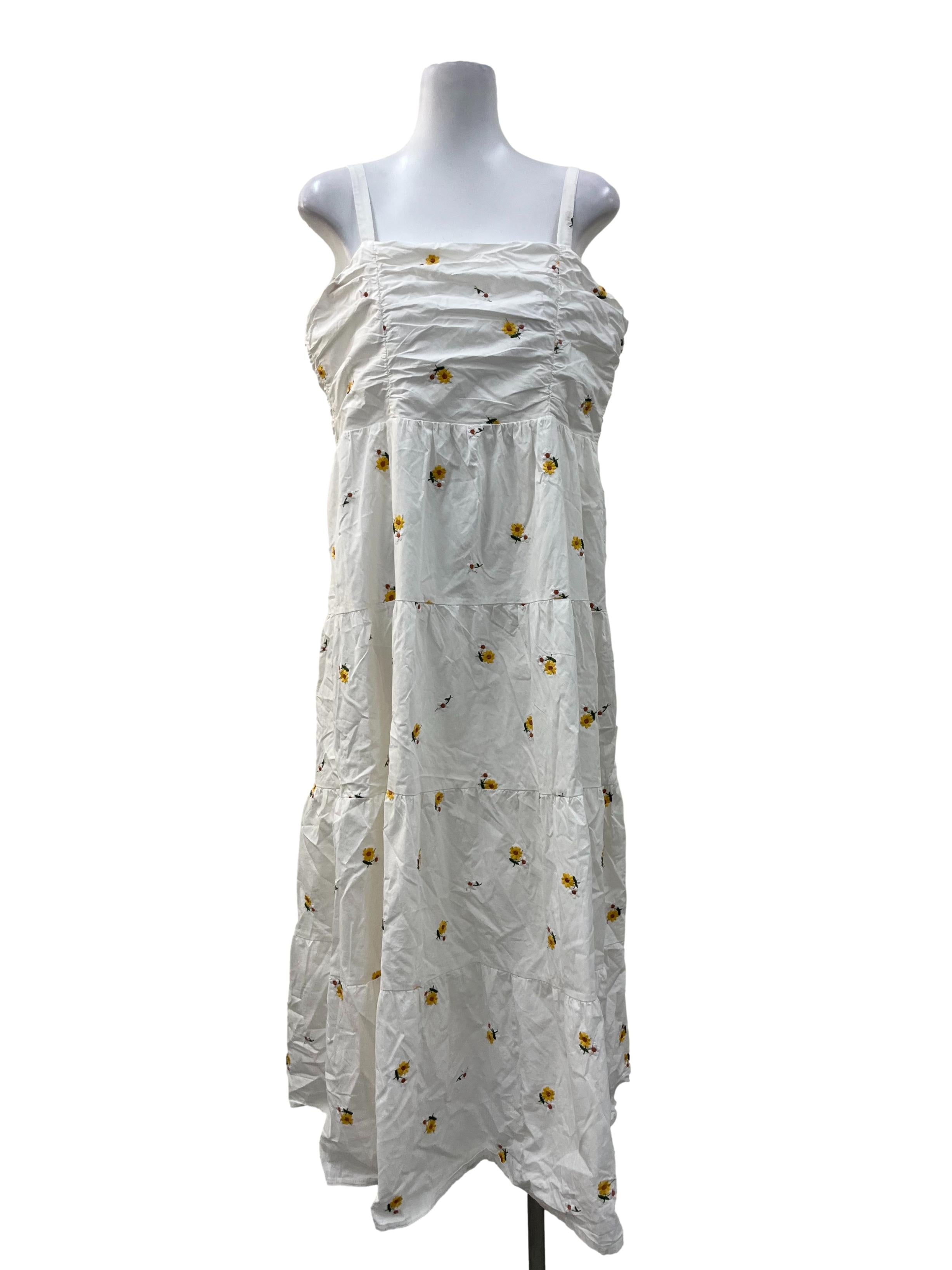 Off White Embroidered Flowers Tiered Dress