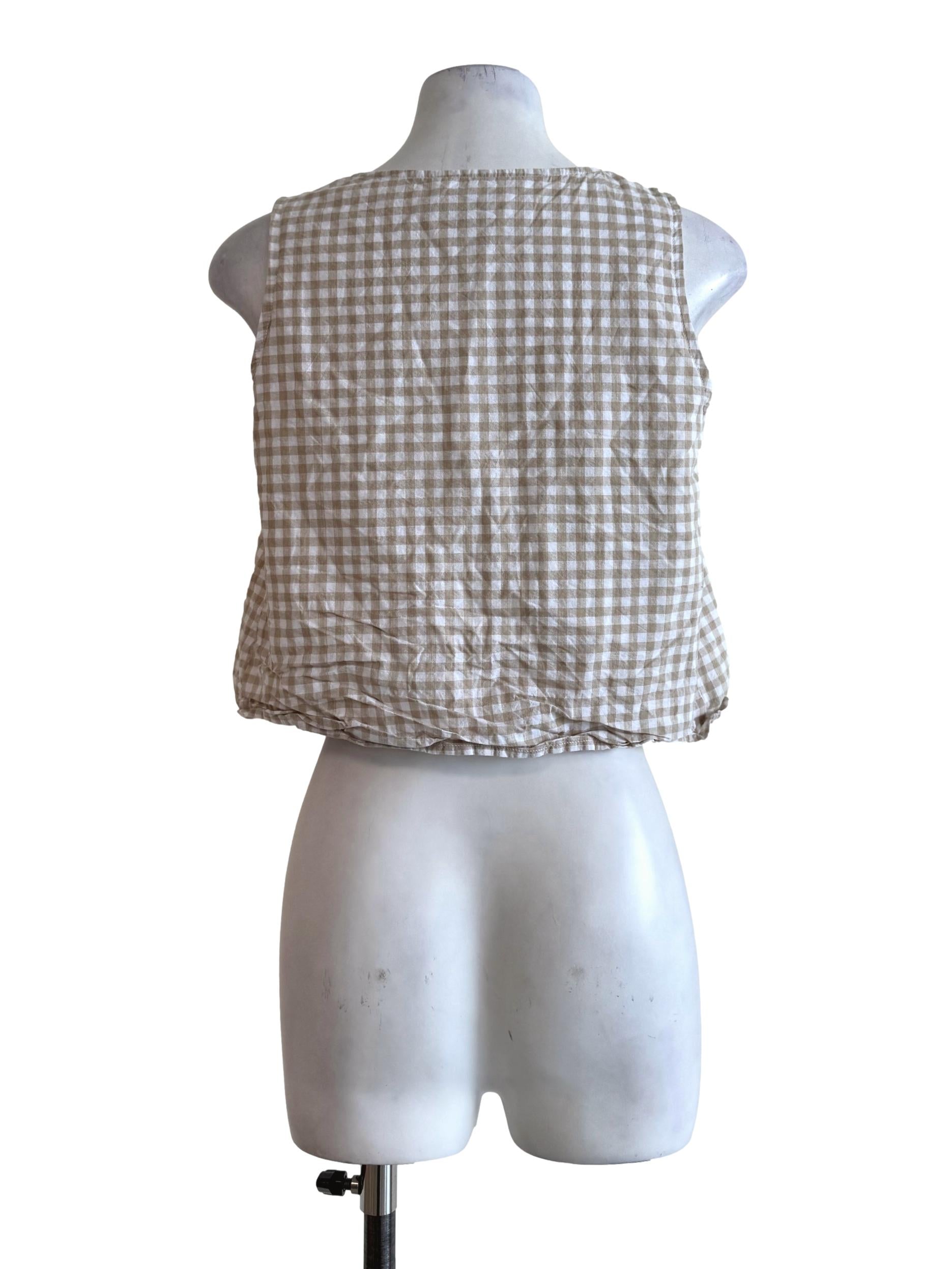 Beige Gingham V Neck Top