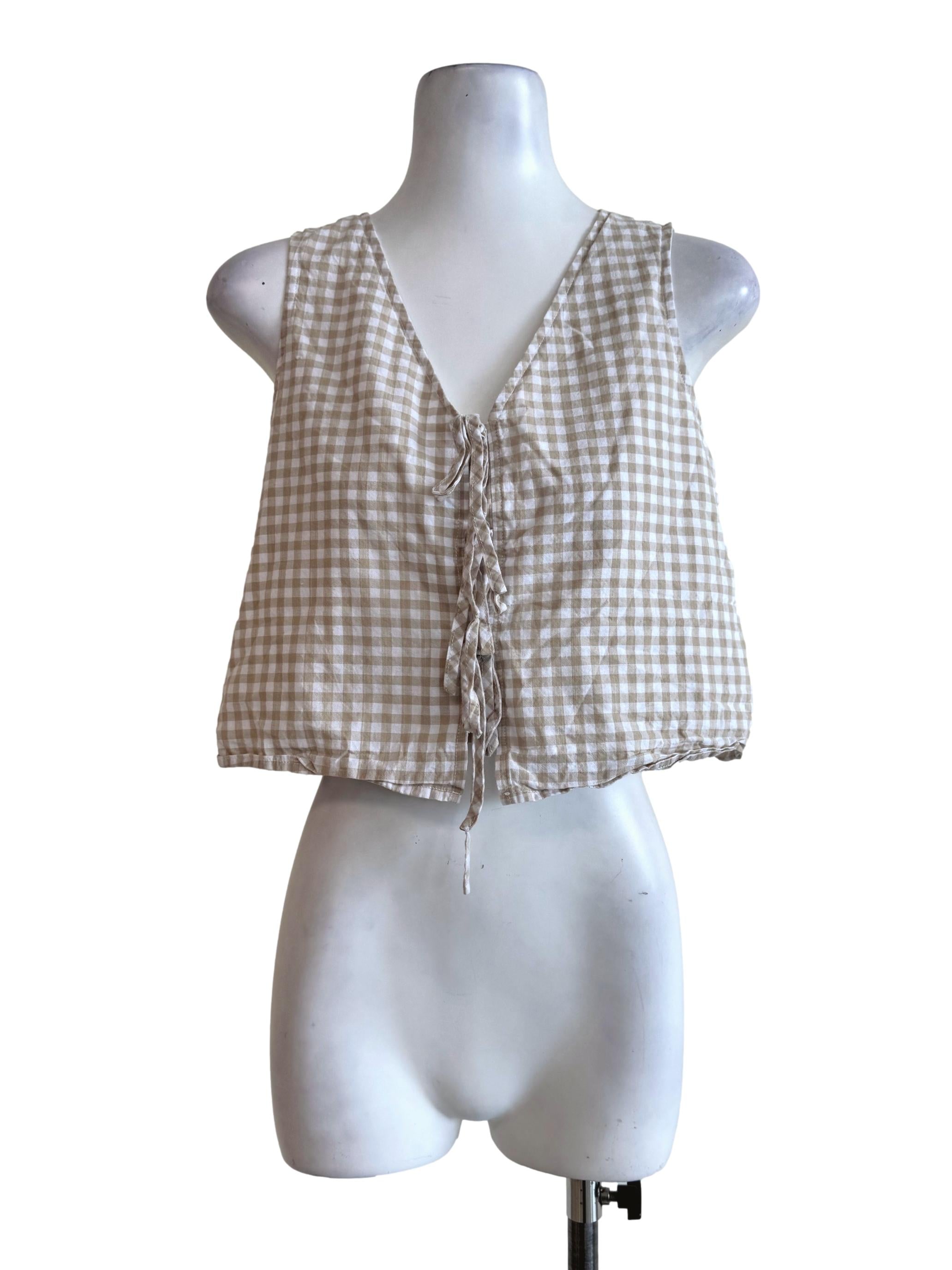Beige Gingham V Neck Top