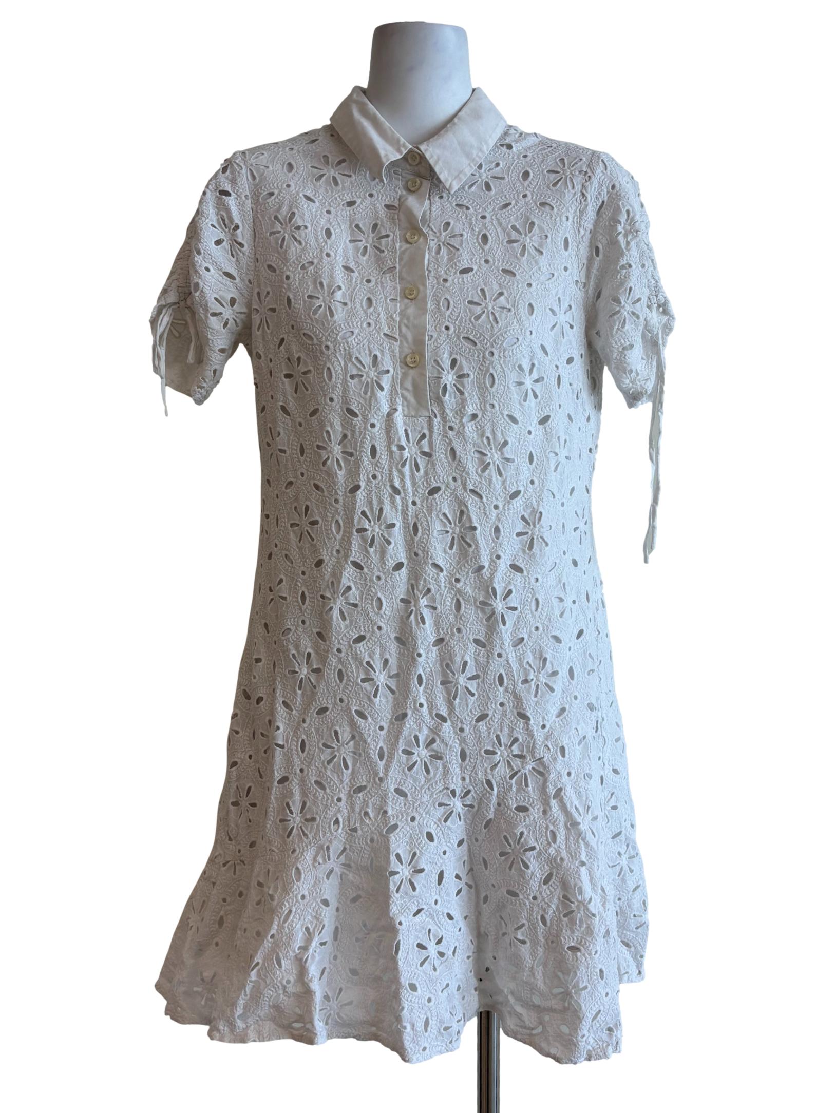 Powder White Short Sleeve Cotton Eyelet Dress