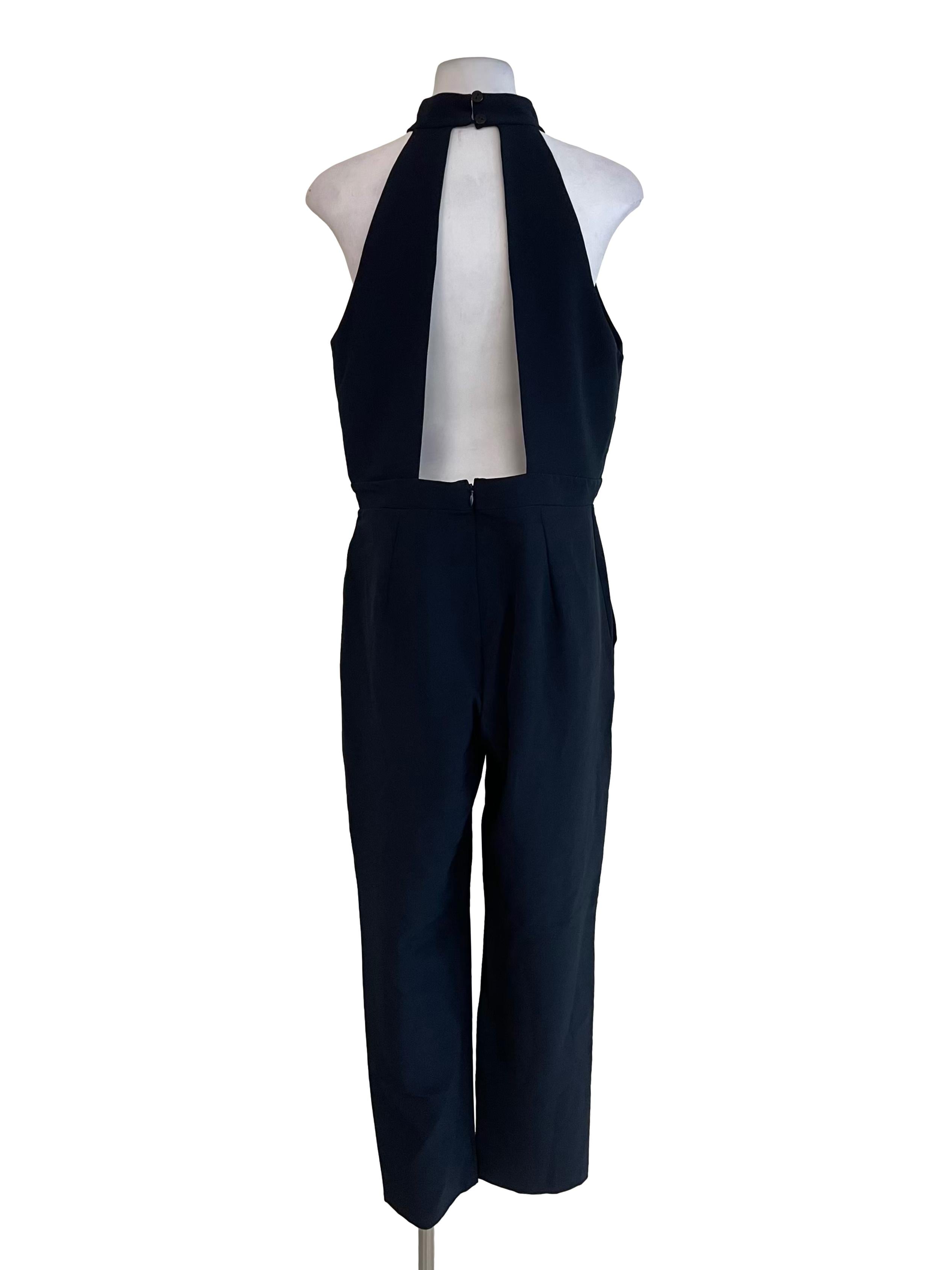 Navy Halter Neck Slit Chest Jumpsuit