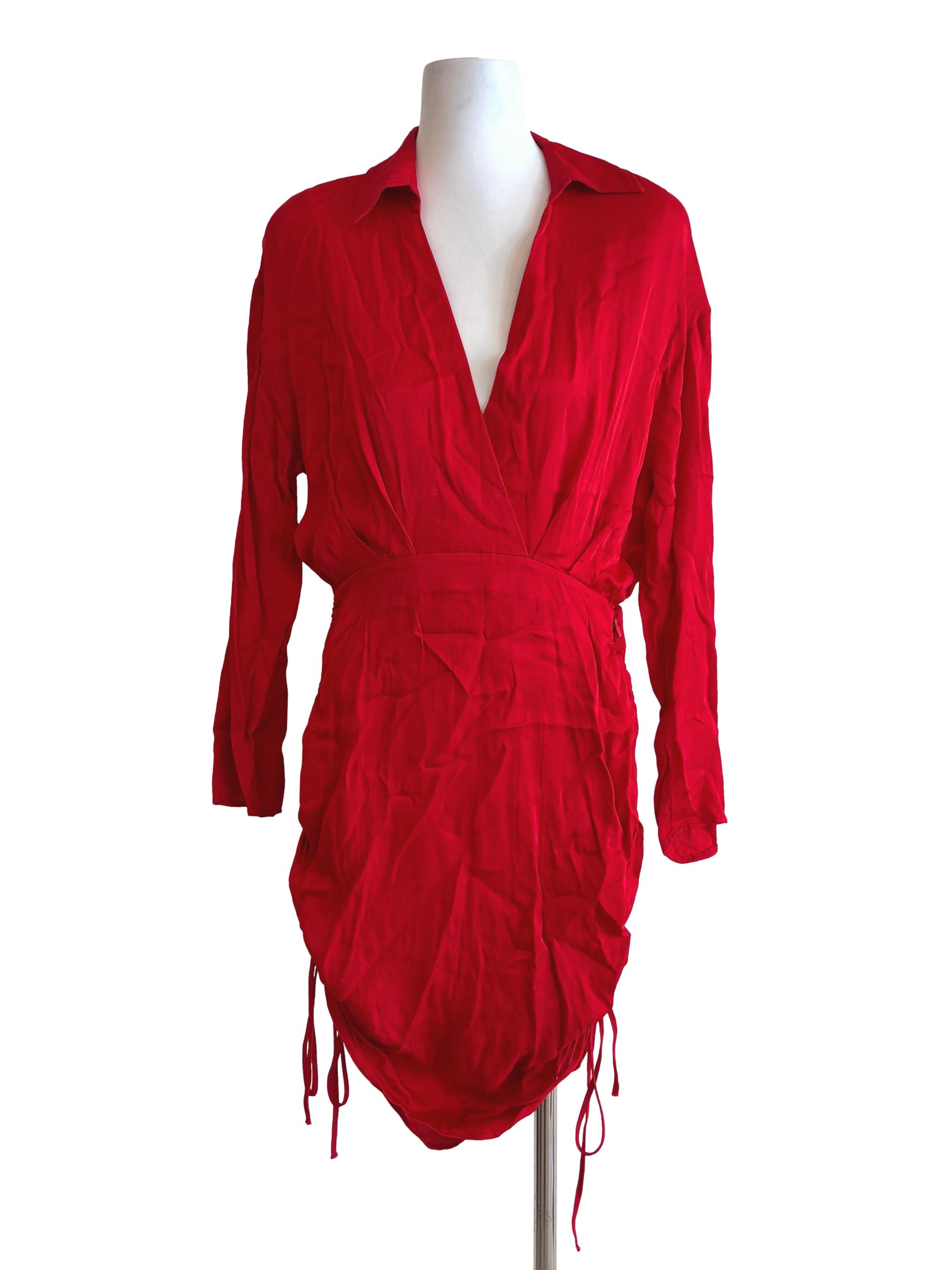 Red Long Sleeve Ruched Dress