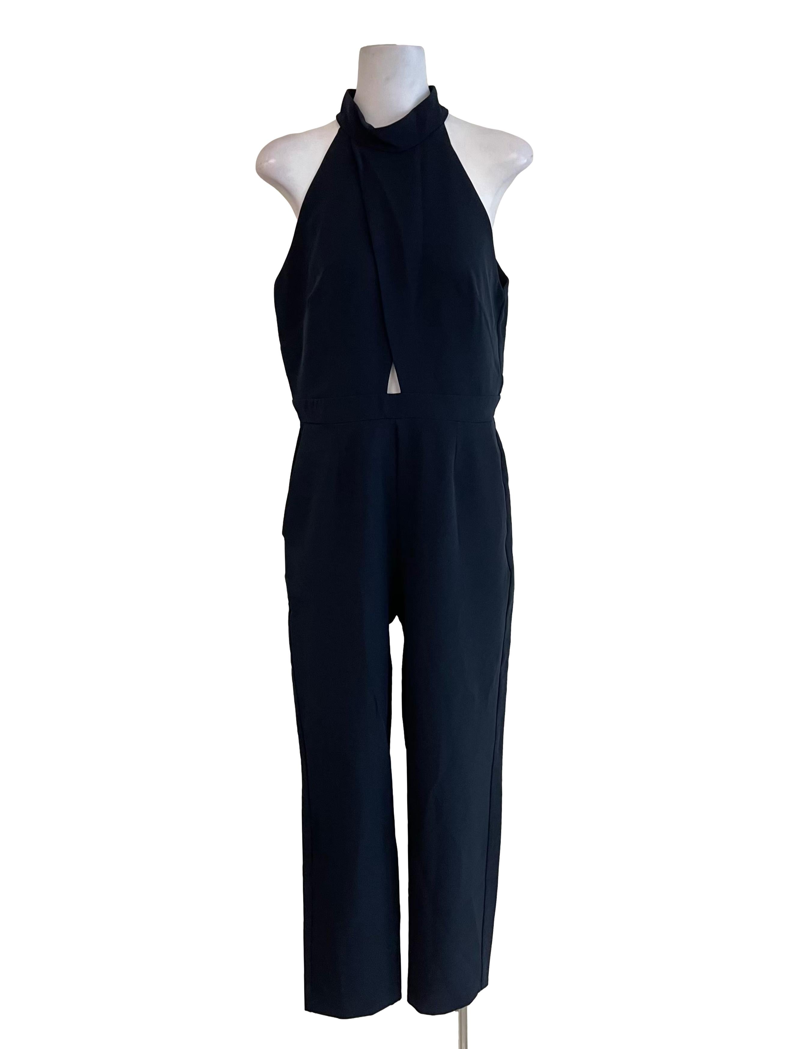 Navy Halter Neck Slit Chest Jumpsuit
