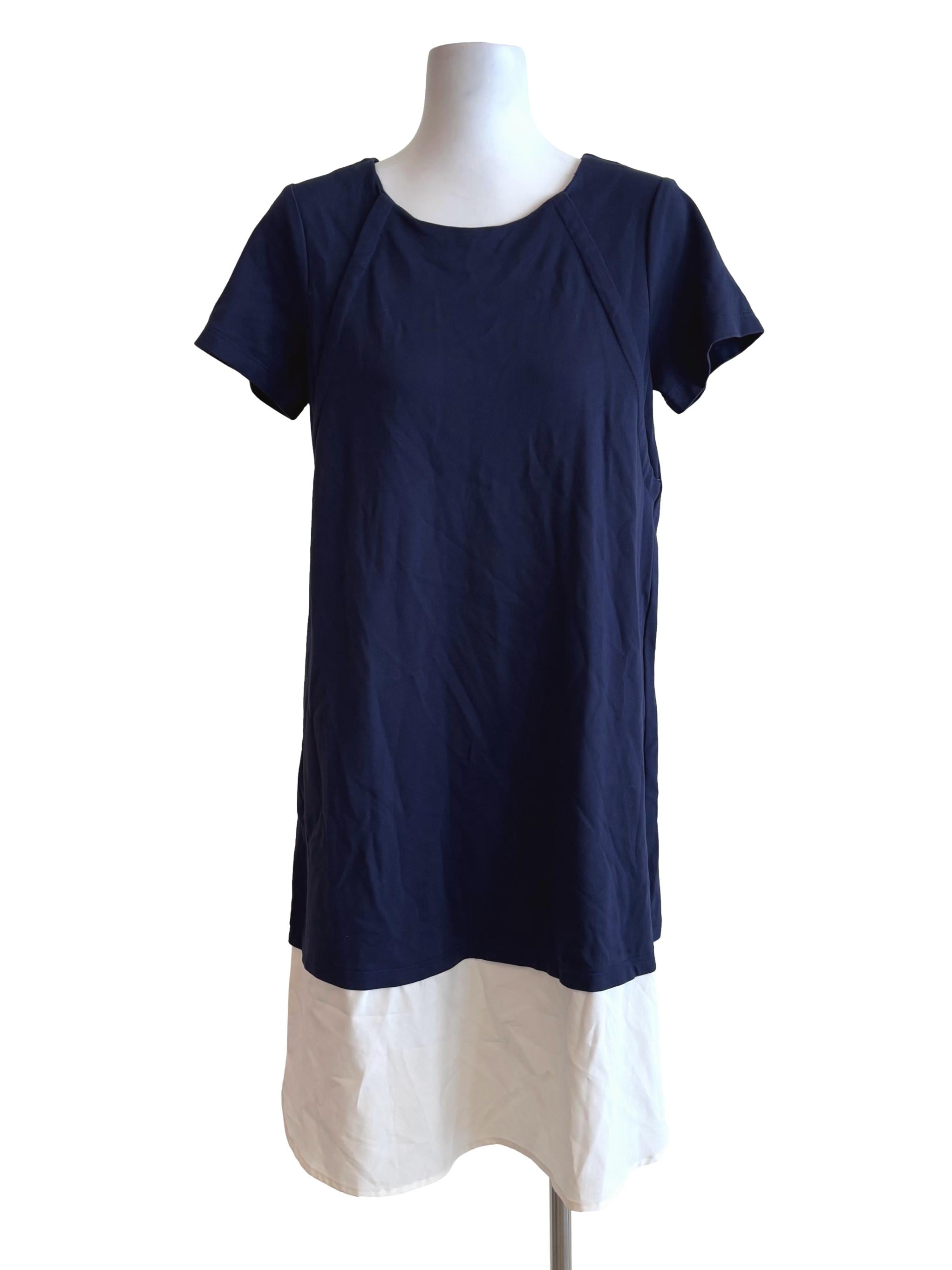 Navy Blue White Short Sleeve Shift Dress