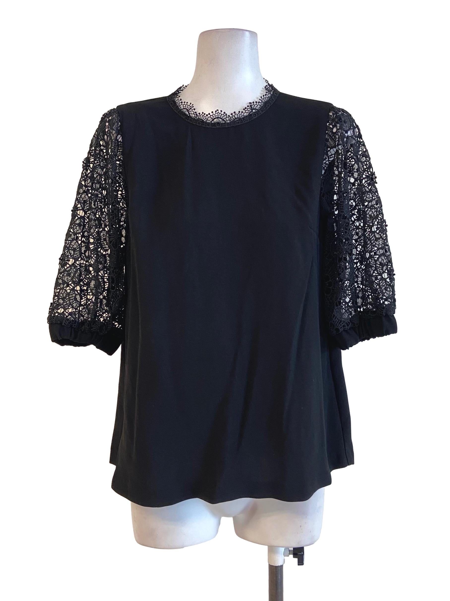 Black Silk Floral Lace Sleeves Blouse