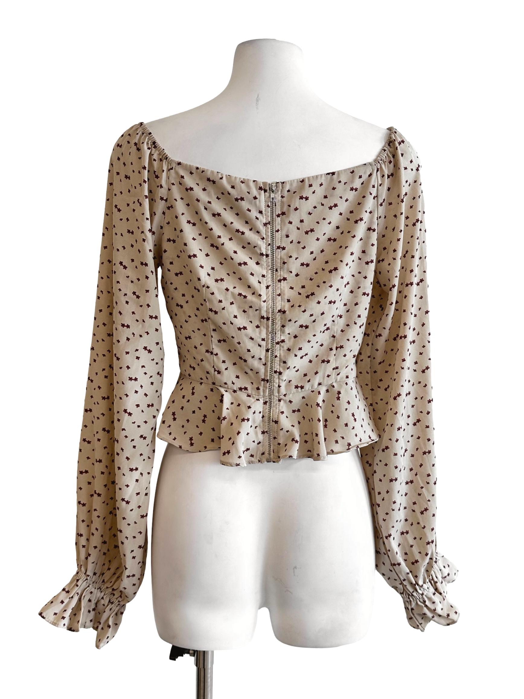 Beige Flower Pattern Long Sleeves Crop Top YHF