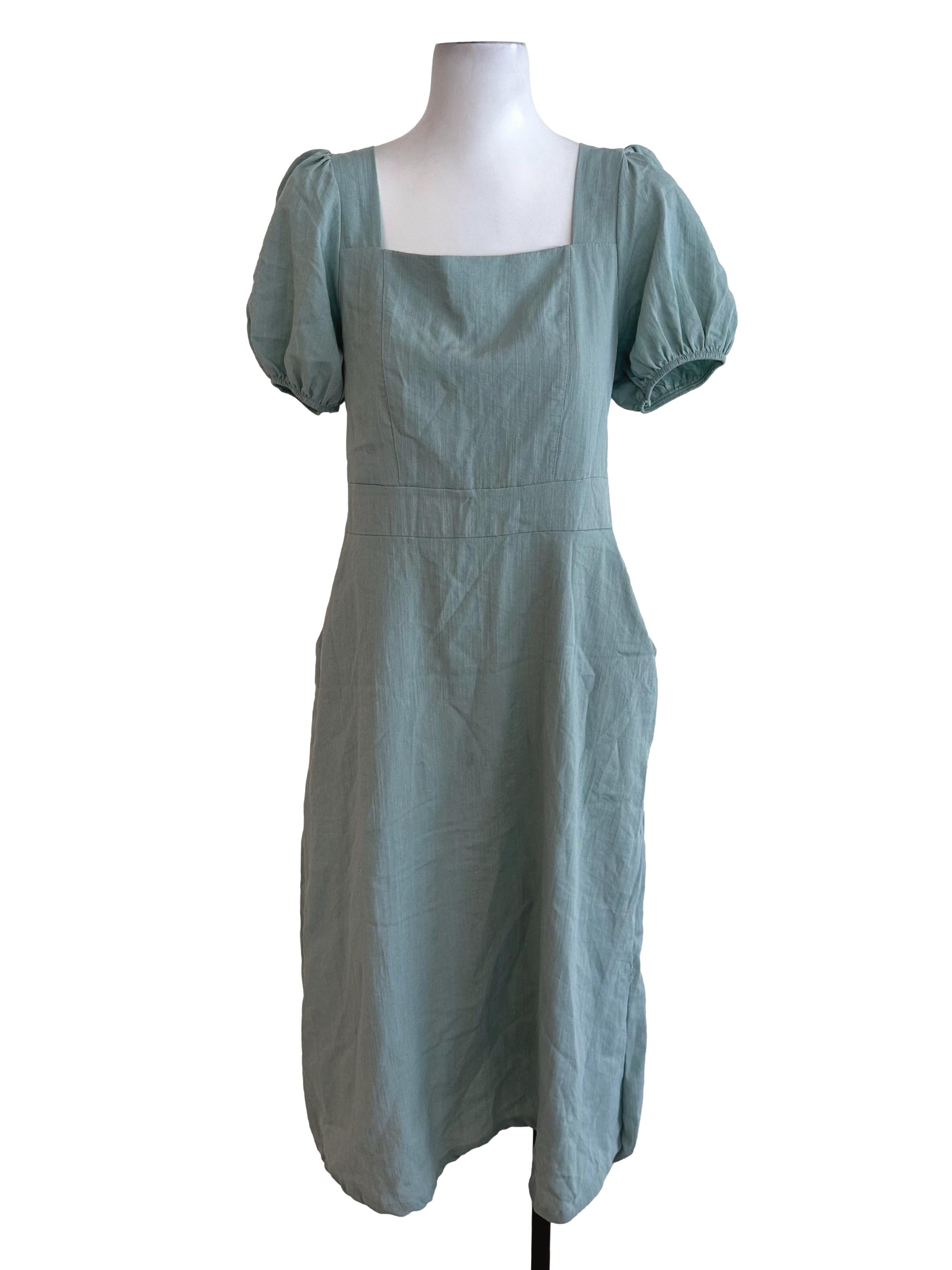 Pastel Green Plain Puff Sleeve Dress