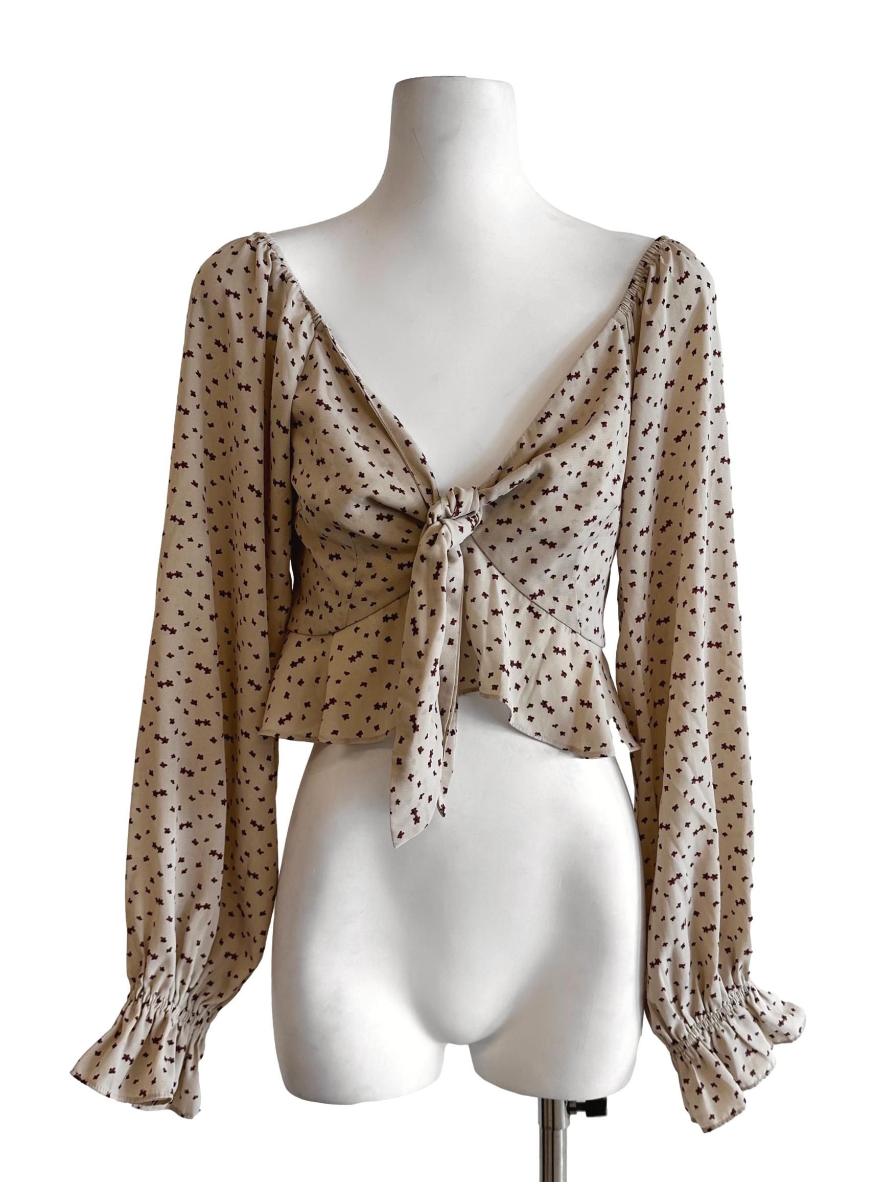 Beige Flower Pattern Long Sleeves Crop Top YHF