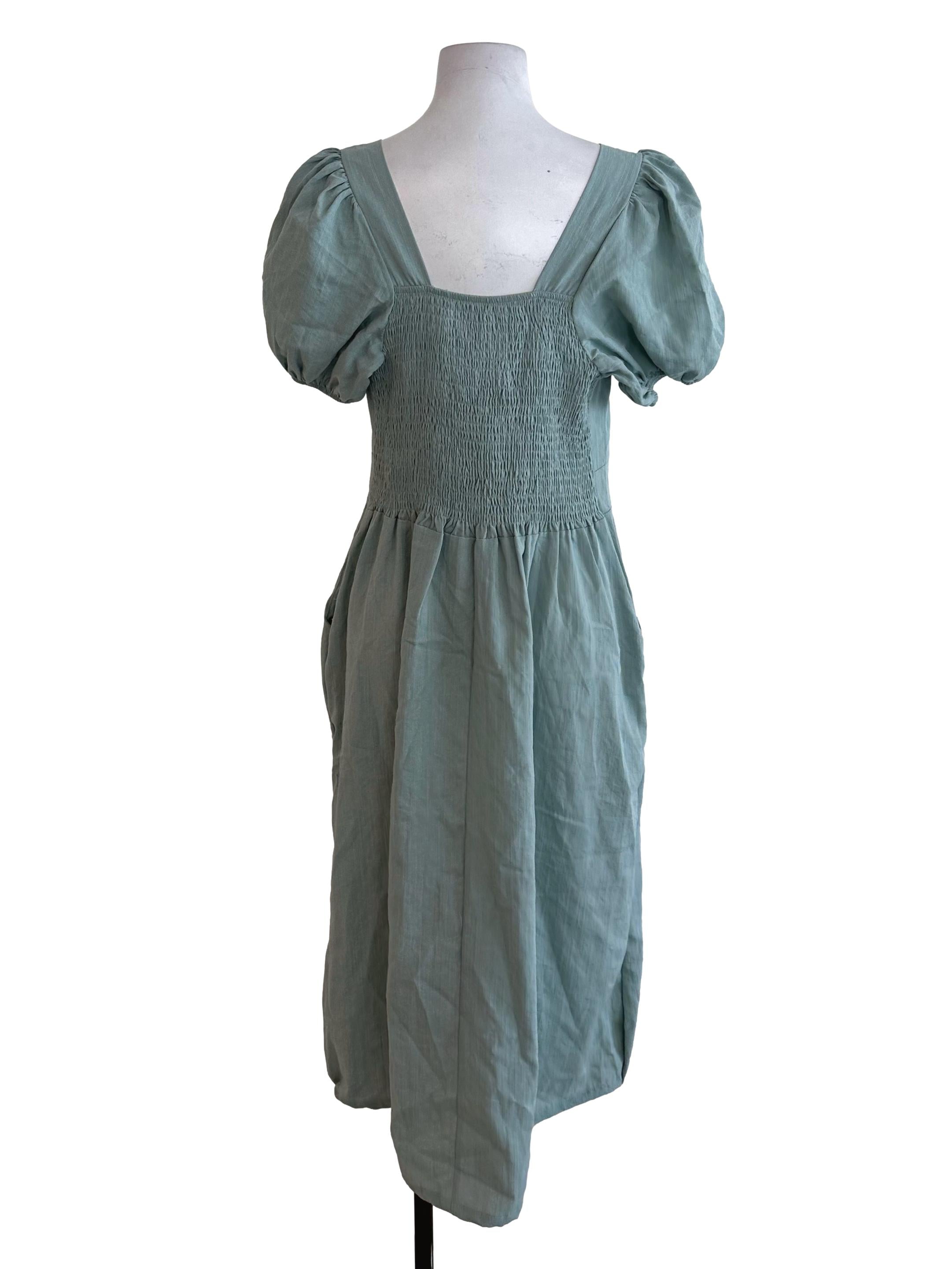 Pastel Green Plain Puff Sleeve Dress