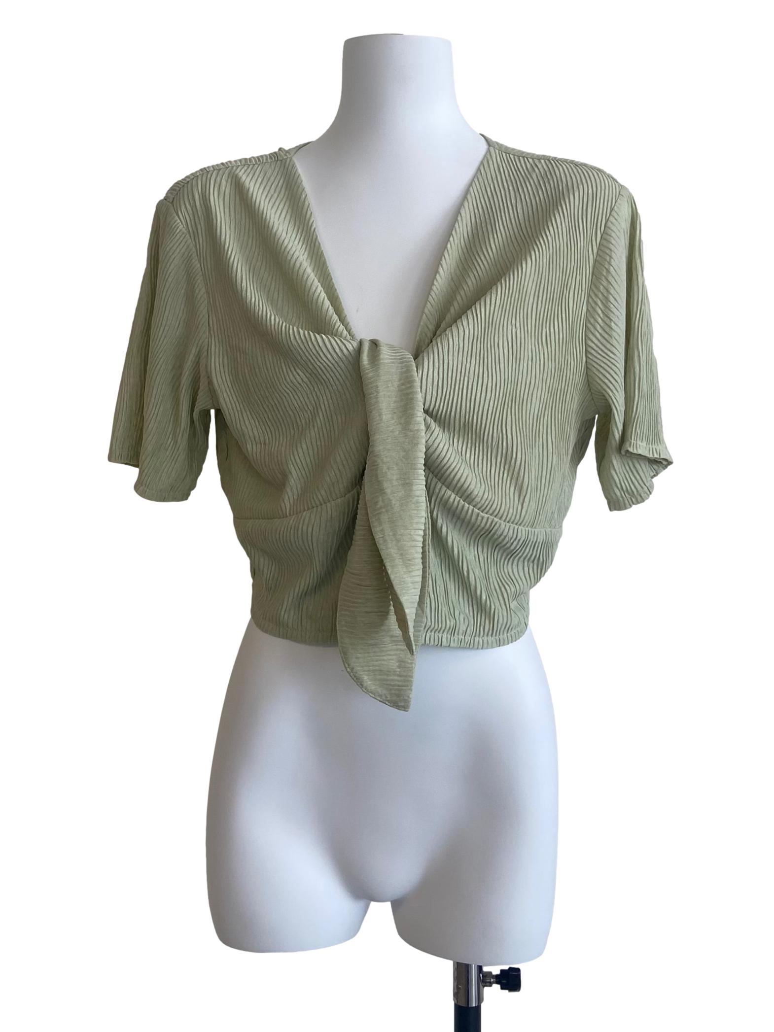 Olive Green Pleated Front Knot Blouse
