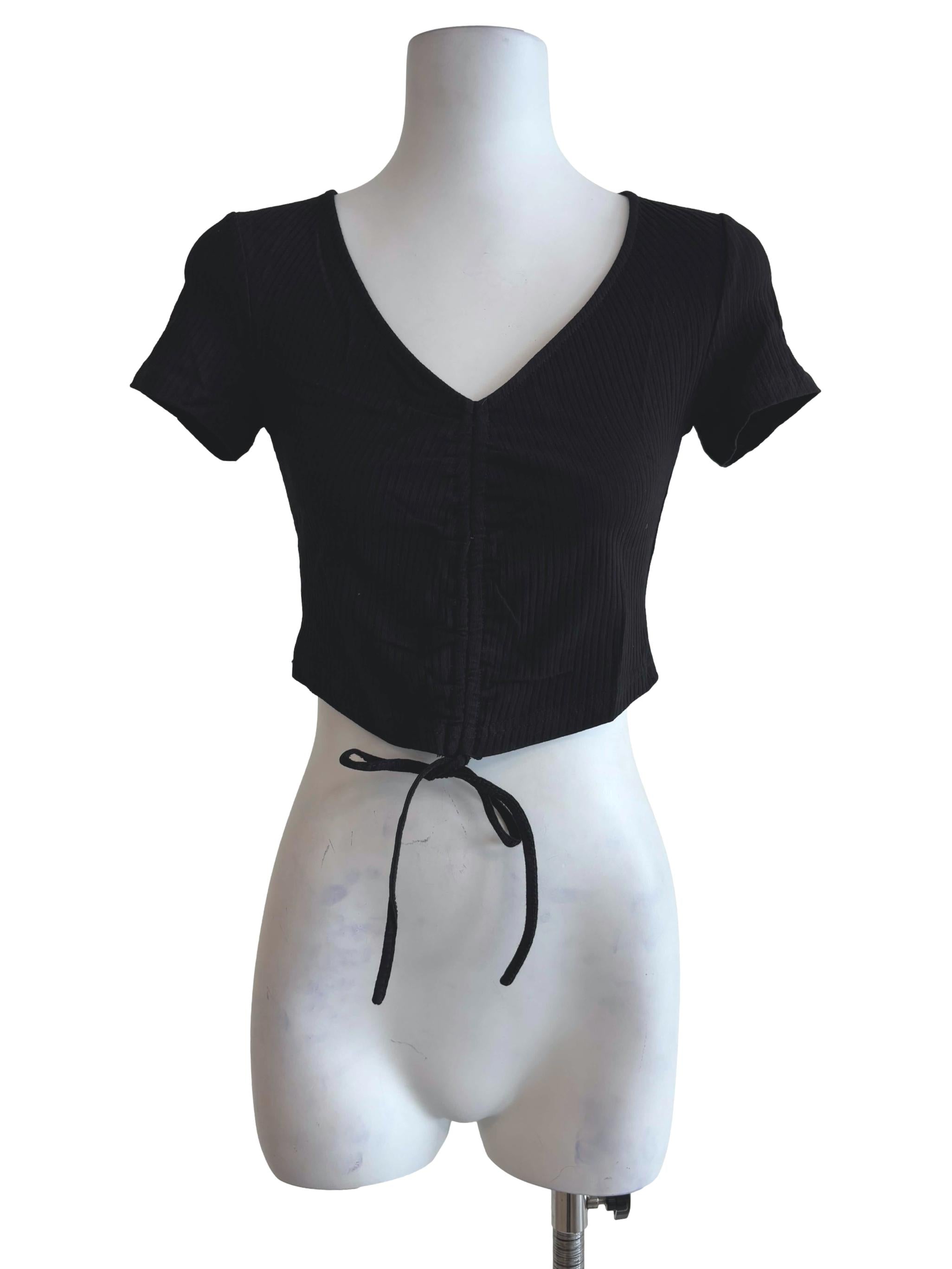 Black Shea Drawstring Ribbed Top