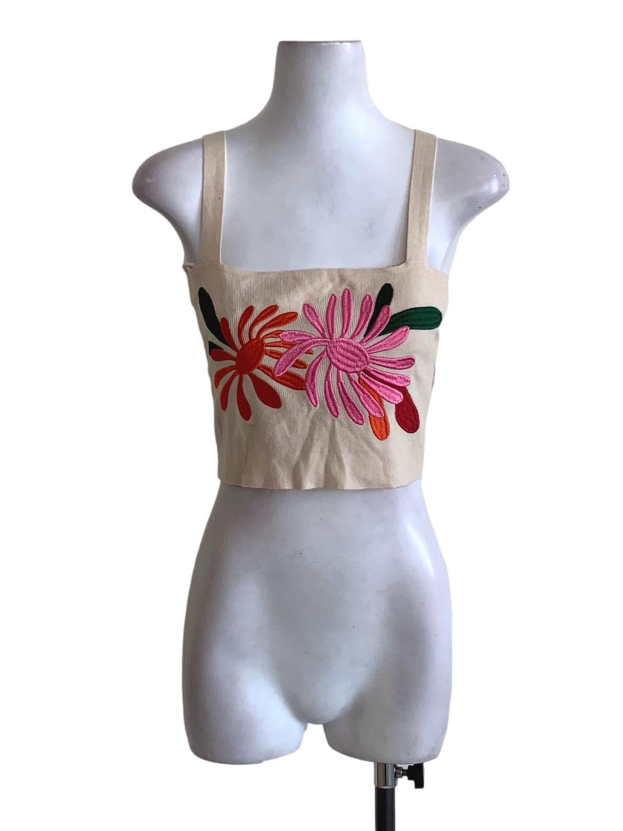 Beige Floral Cropped Sleeveless Top