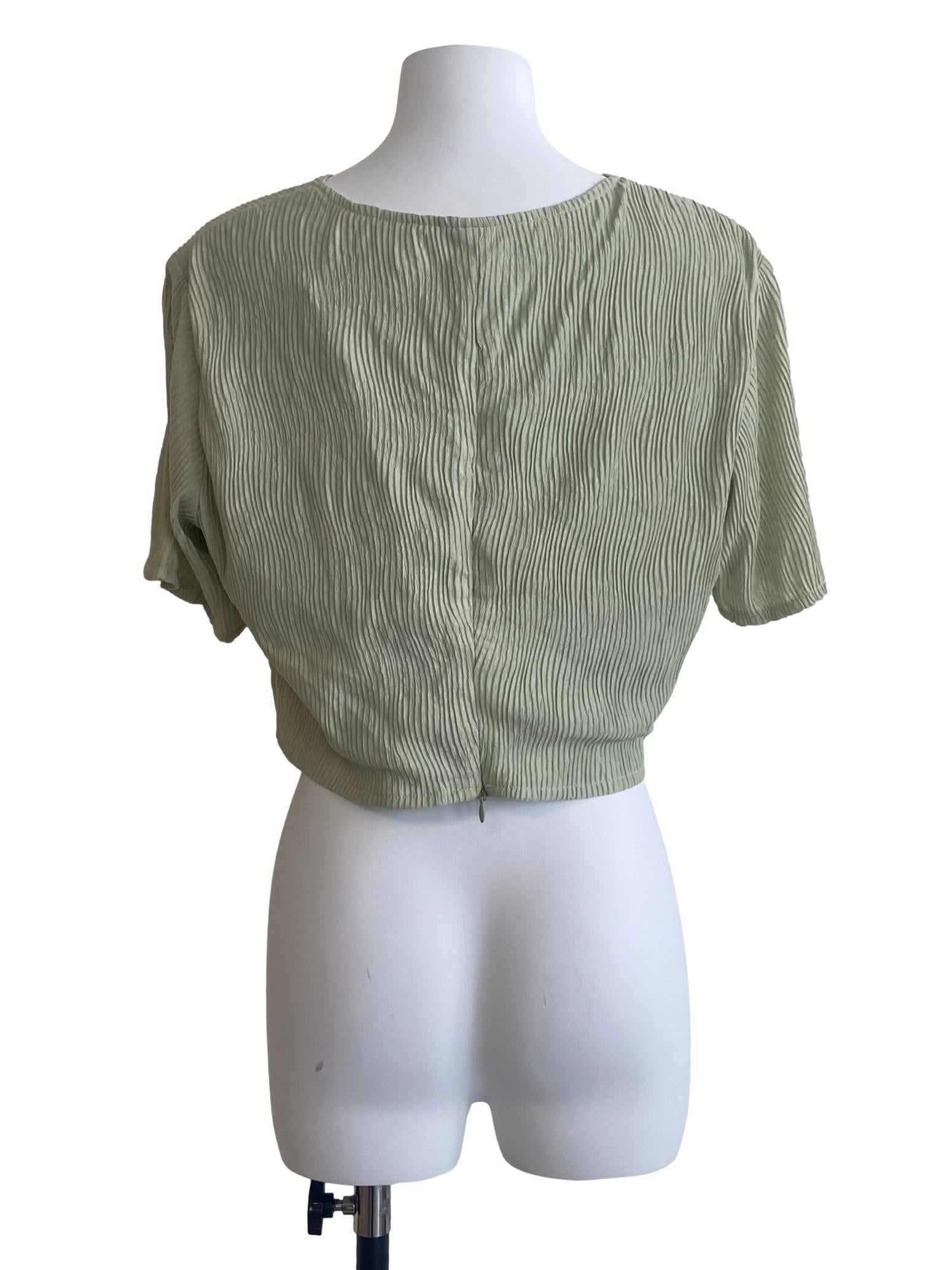 Olive Green Pleated Front Knot Blouse
