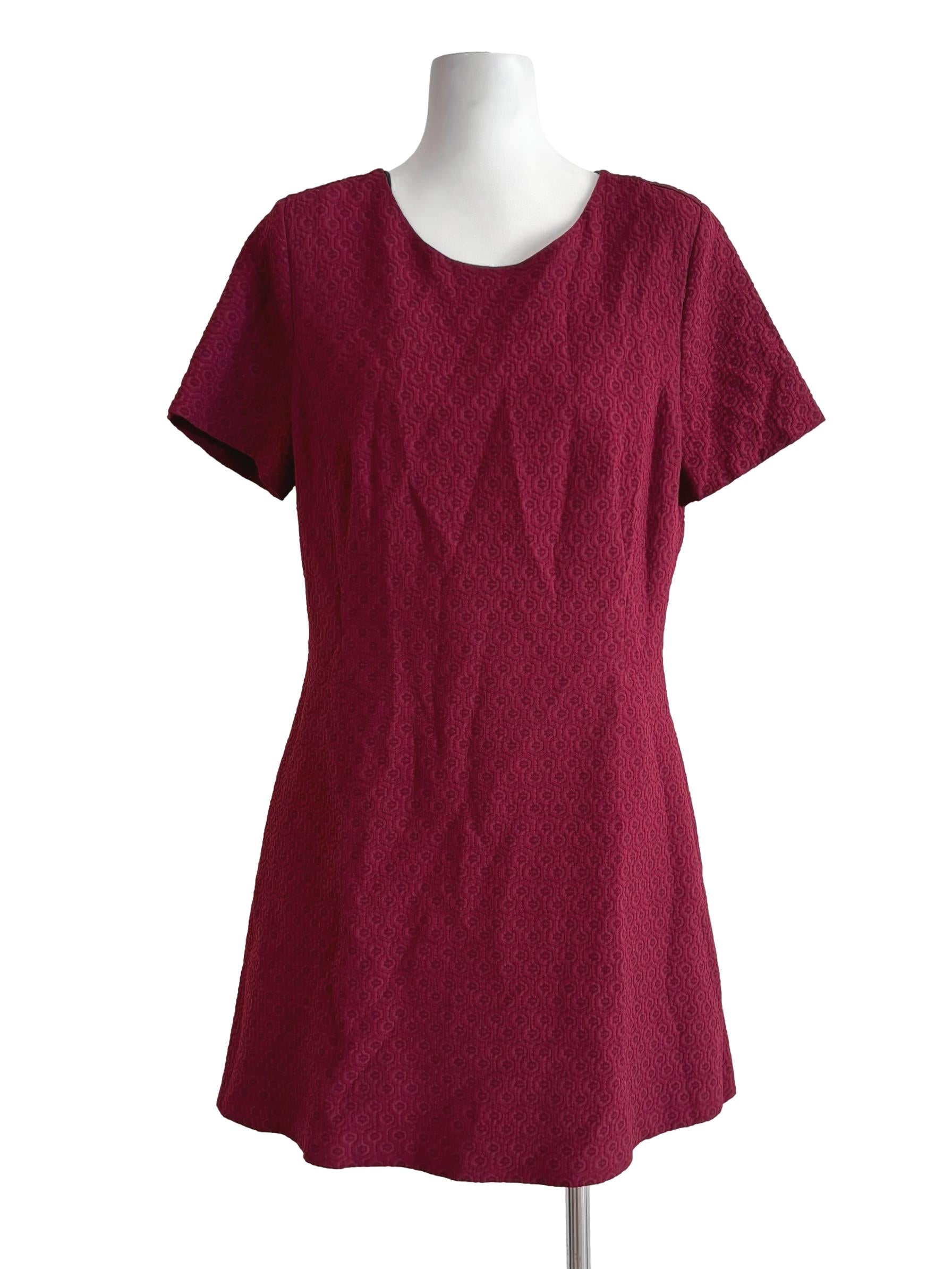 Burgundy Red Short Sleeve Textured Mini Dress