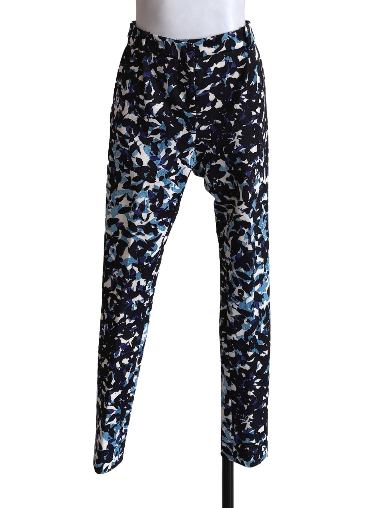 Blue Leaf Print Skinny Pants