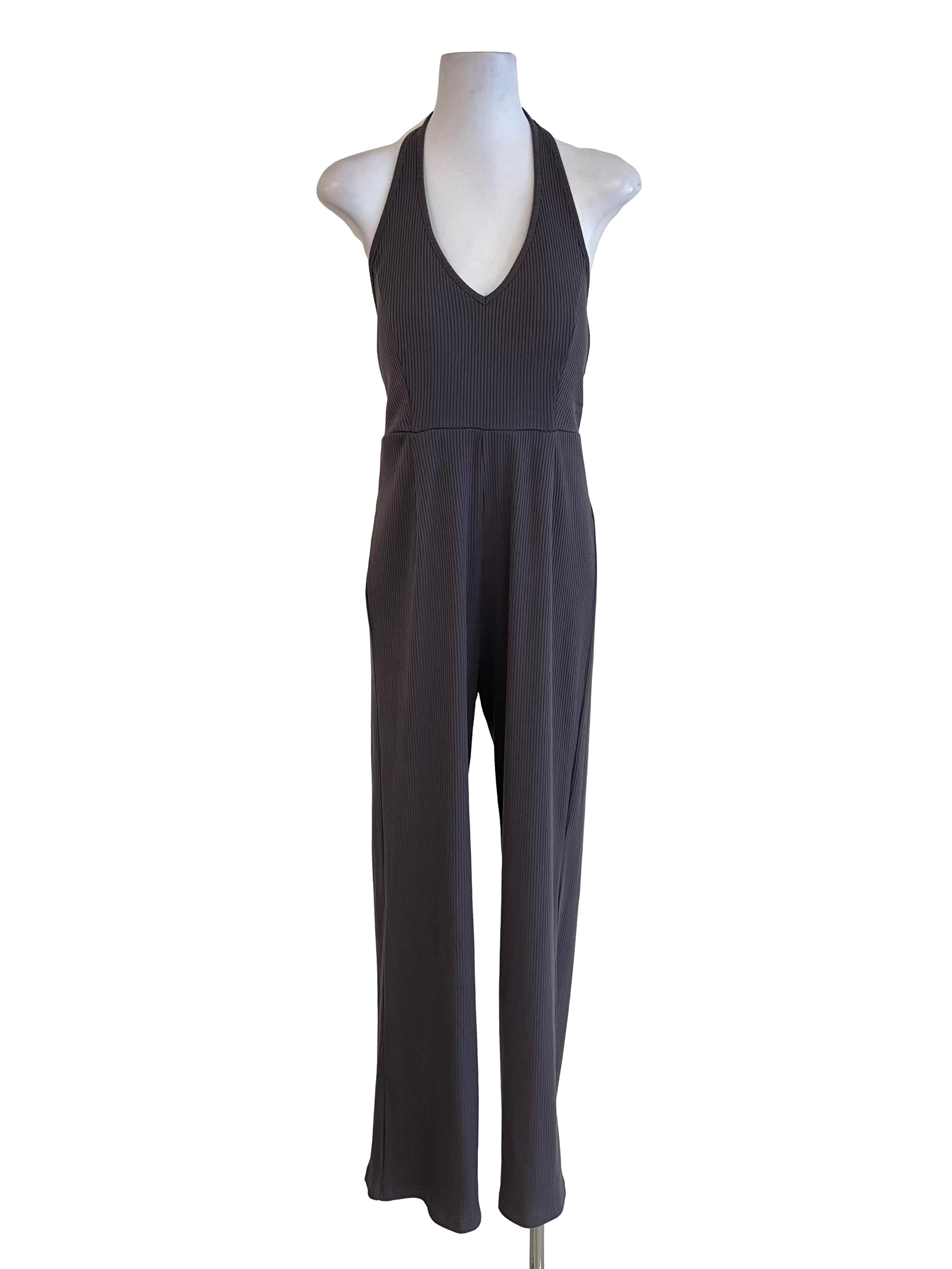 Graphite Ribbed Halter Neck Jumpsuit