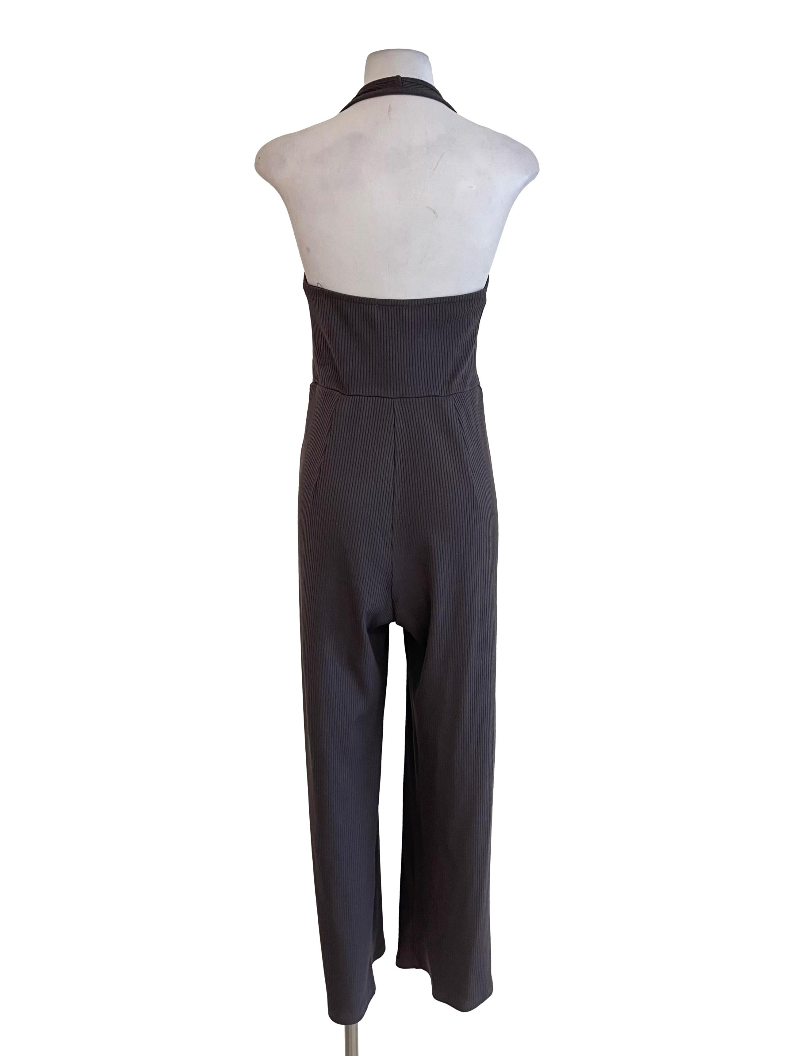 Graphite Ribbed Halter Neck Jumpsuit