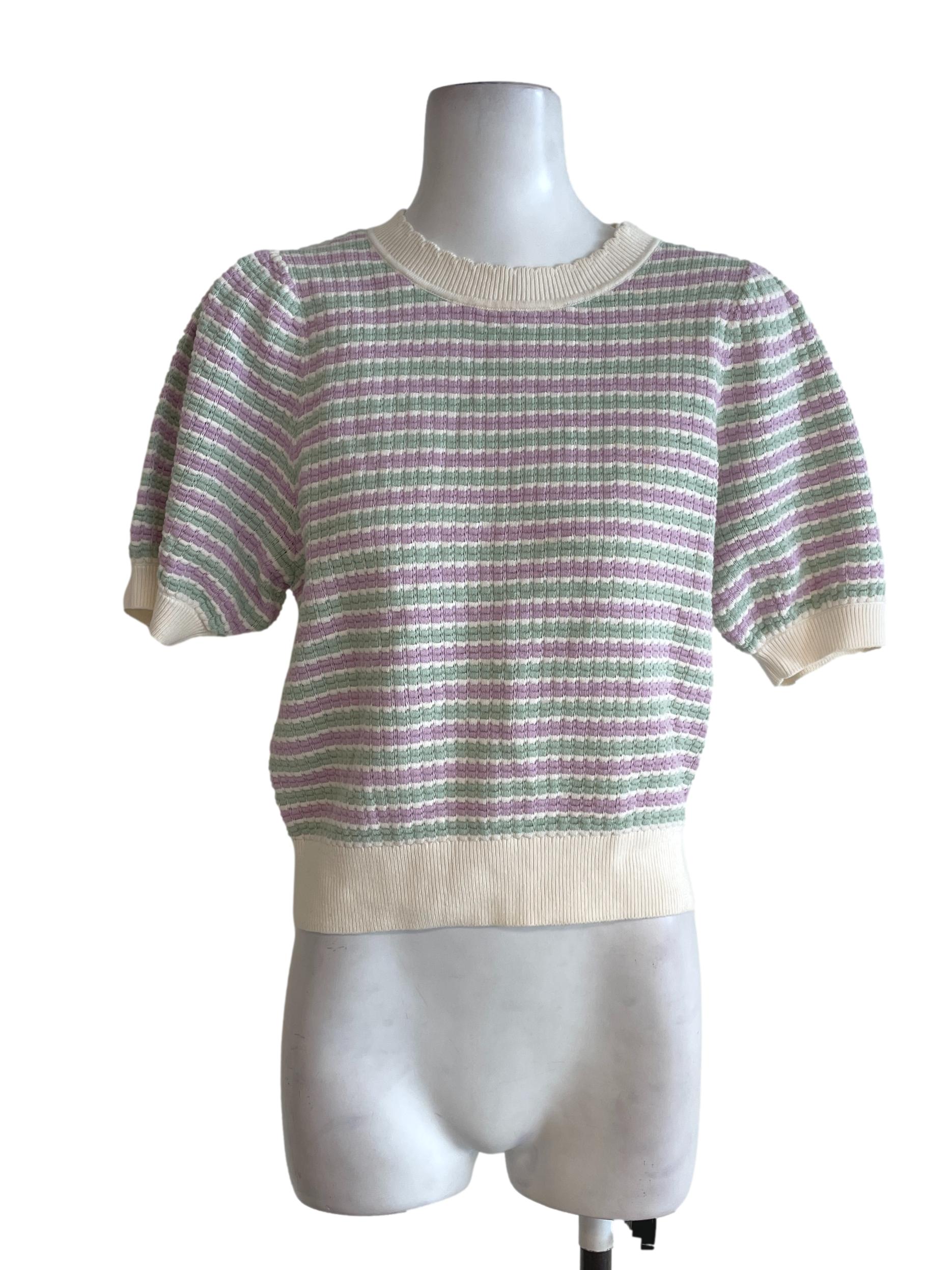 Multcolour Knitted Puffed Sleeves Top