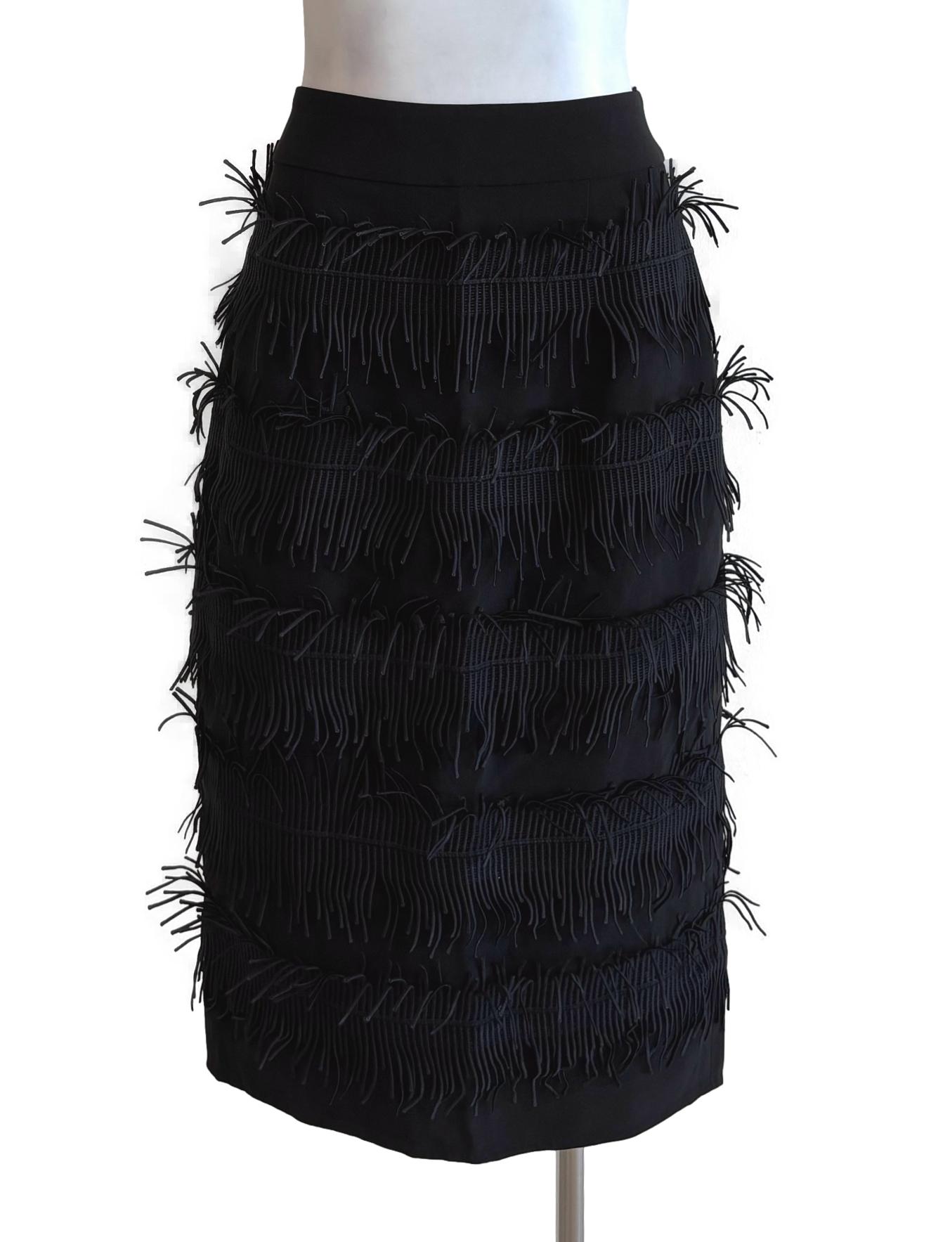 Ink Black Fringe Midi Skirt