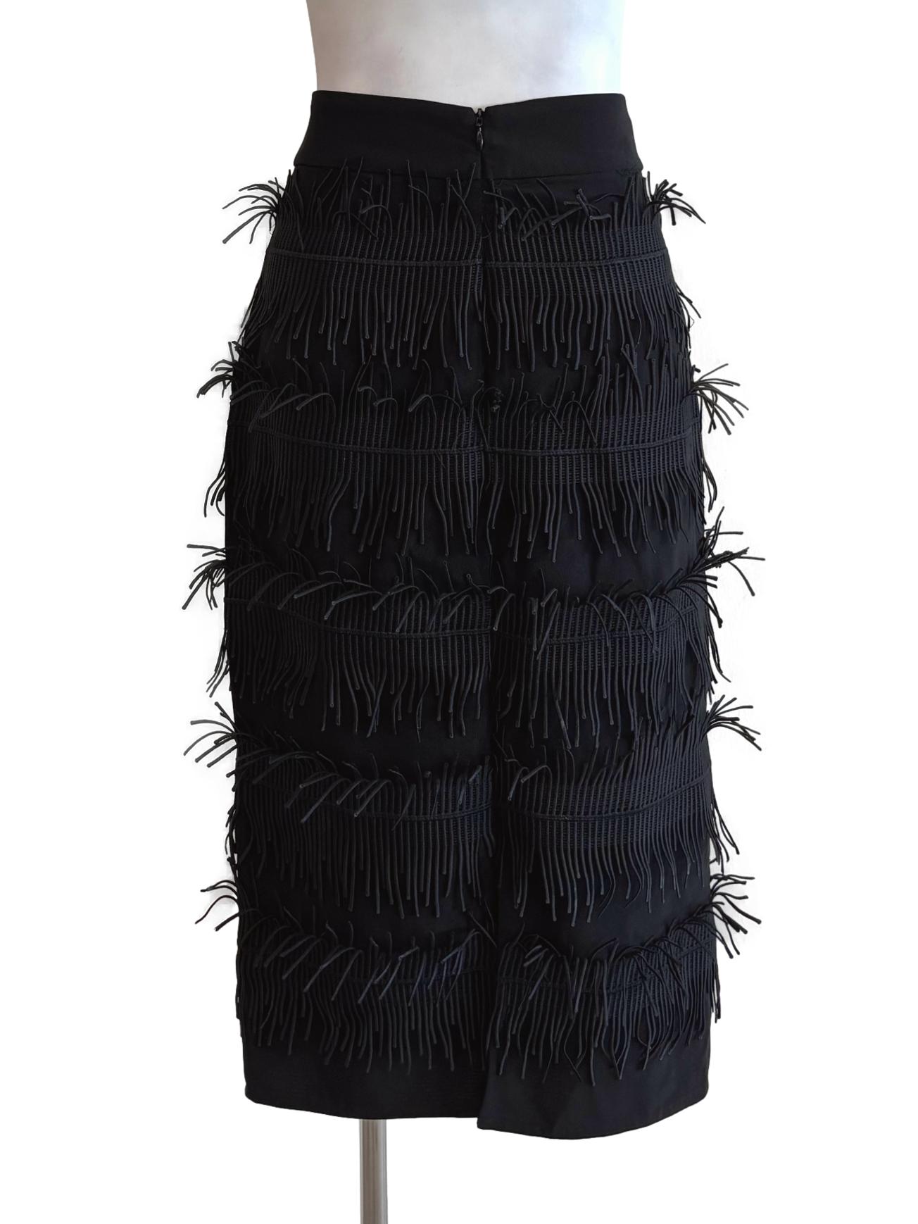 Ink Black Fringe Midi Skirt