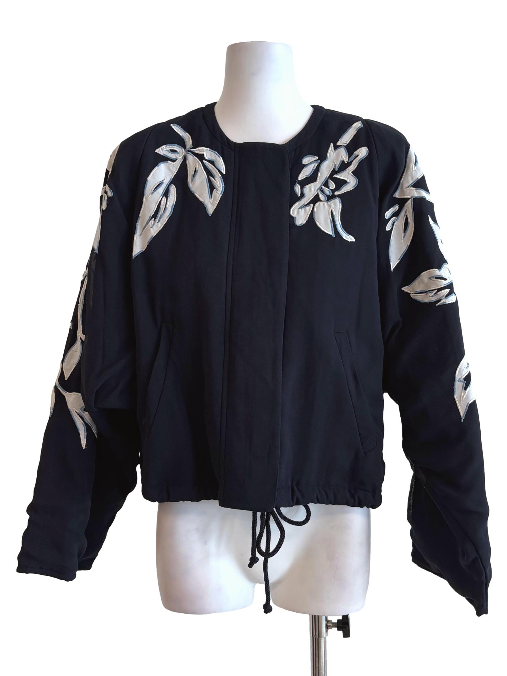 Blue Black Embroidered Graphic Jacket