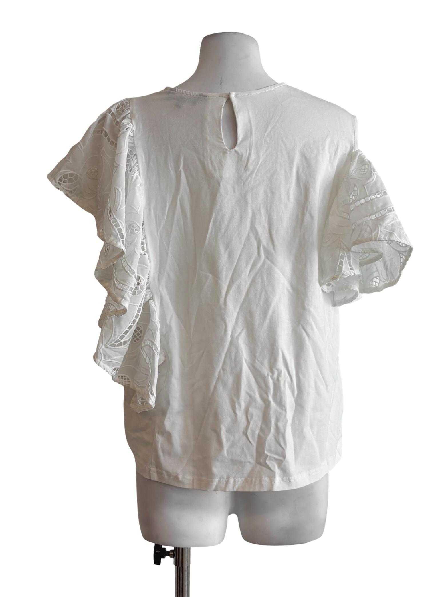 Pearl White Asymmetrical Ruffle Sleeve Top