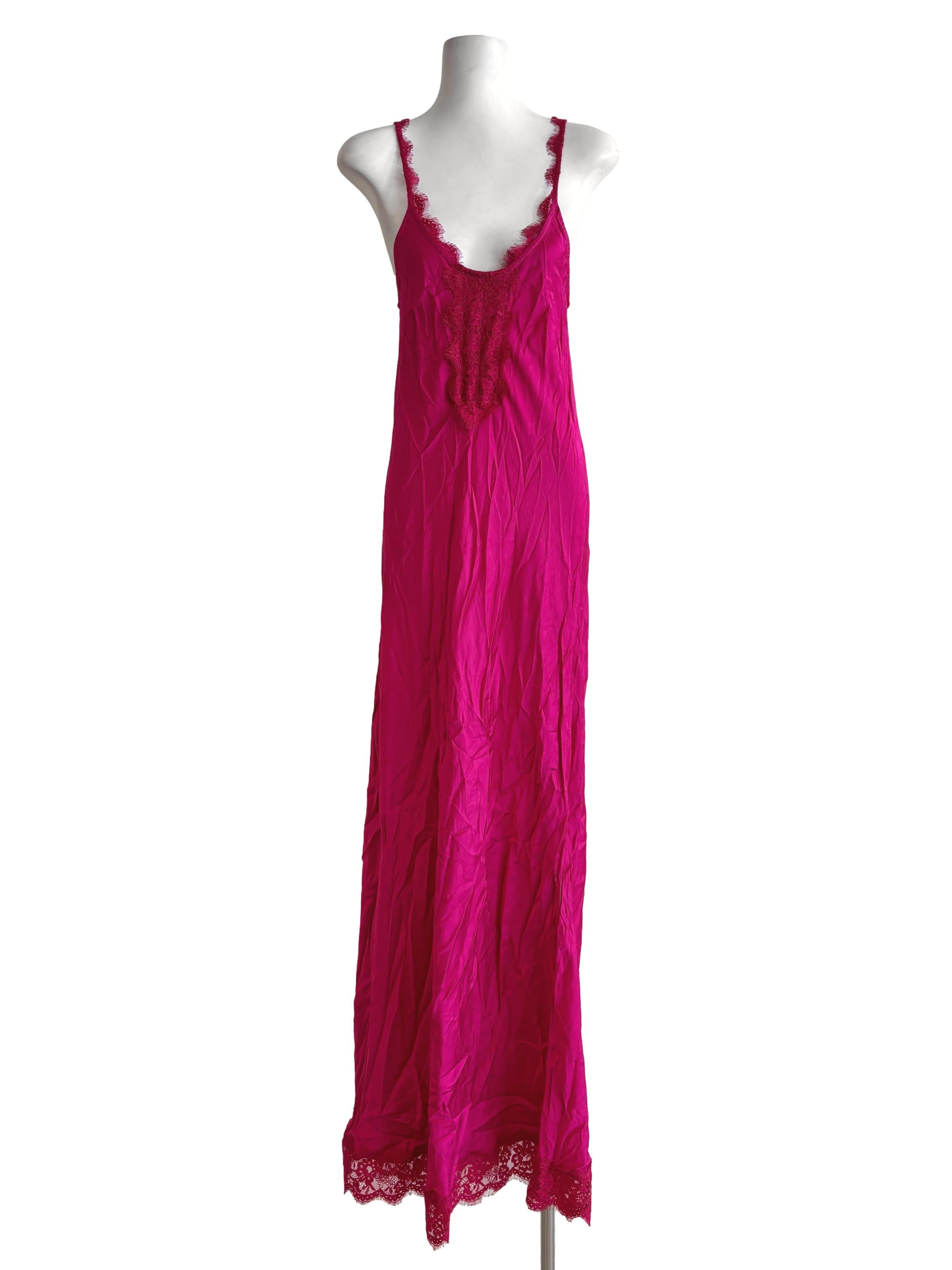 Fuchsia Pink Lace Satin Slip Dress