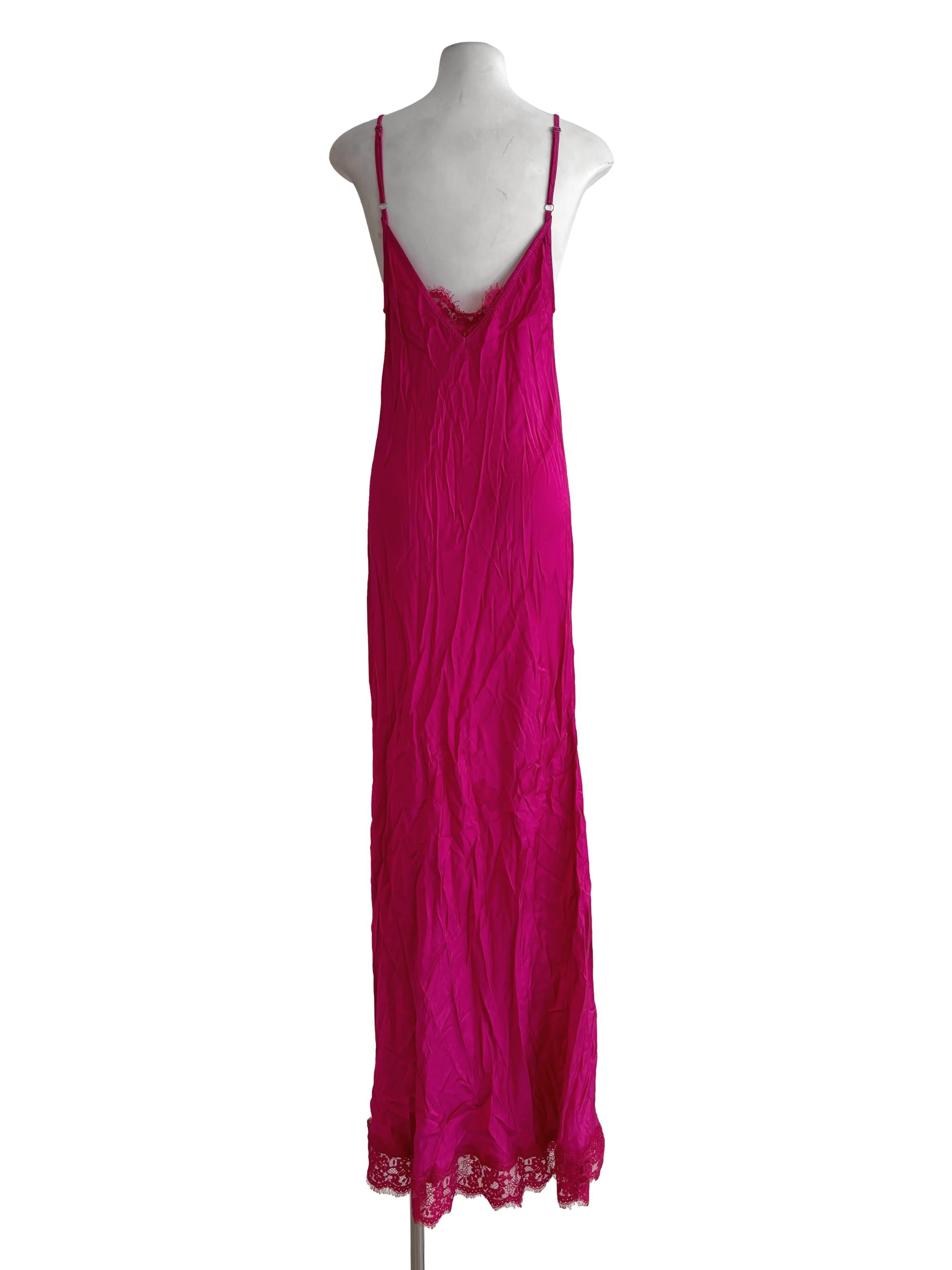 Fuchsia Pink Lace Satin Slip Dress