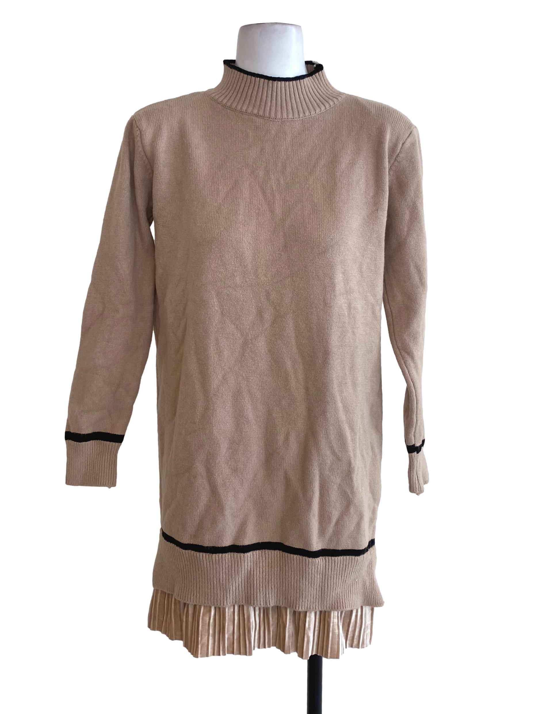 Beige Knit Pleated Tunic Dress