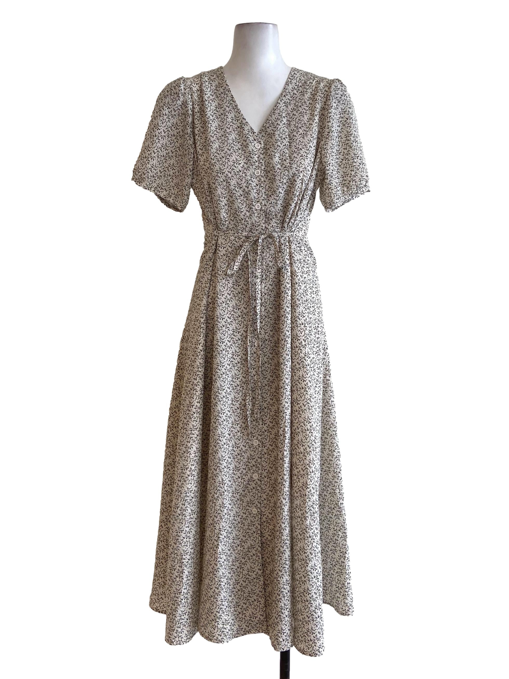 Chiffon Beige & Floral V Neck Button Down Shirt Dress