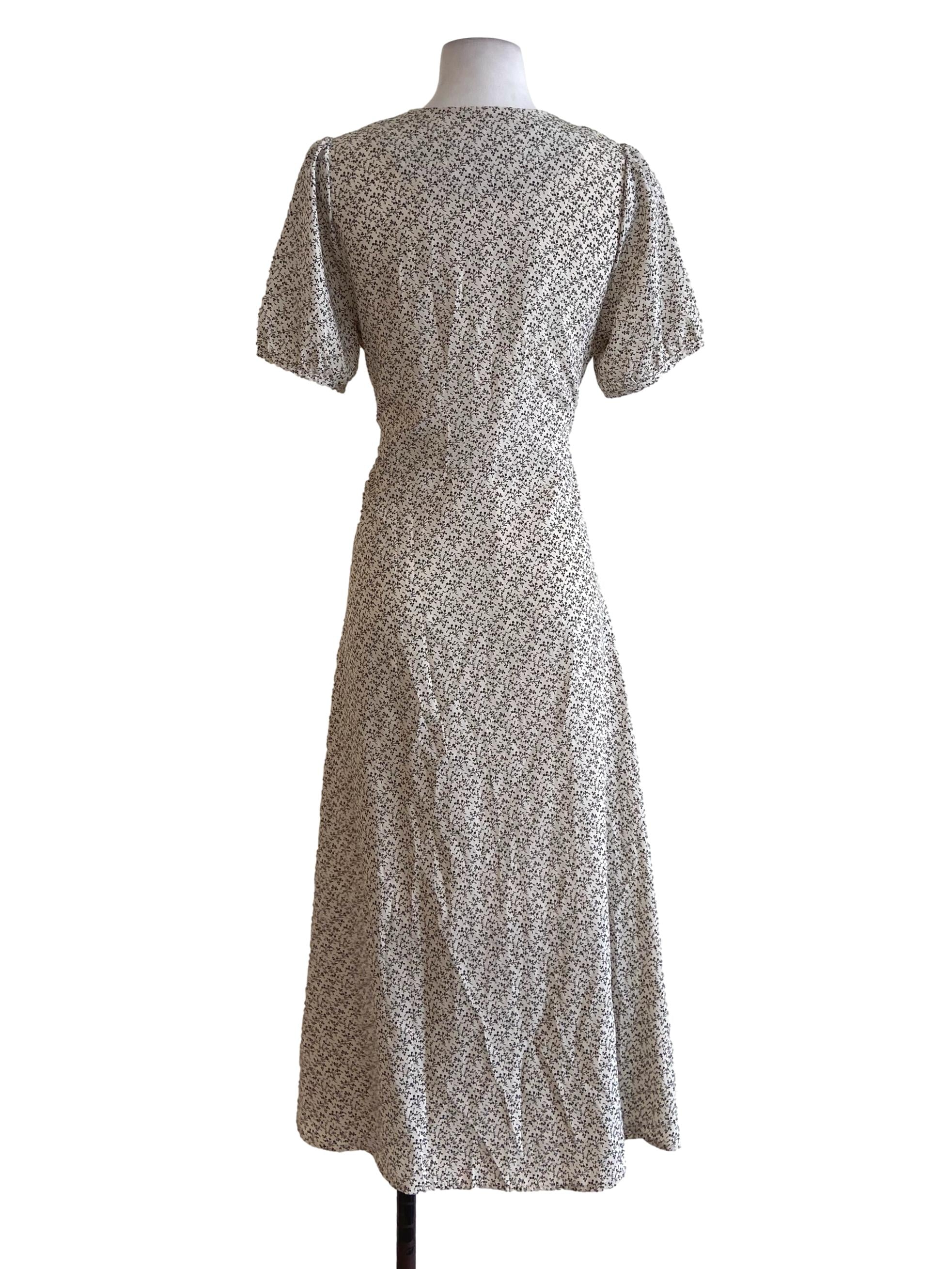 Chiffon Beige & Floral V Neck Button Down Shirt Dress
