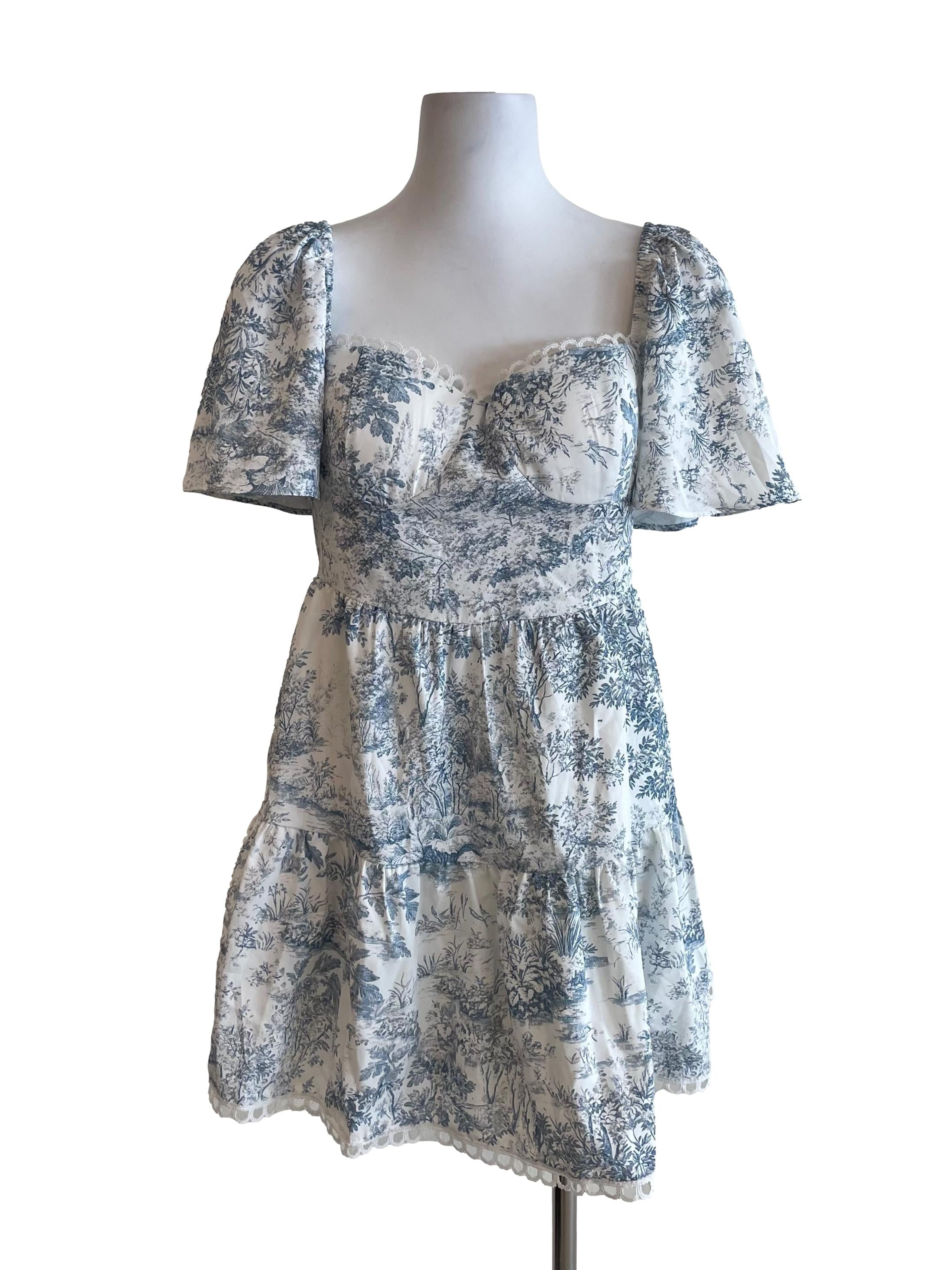 Blue & White Floral Butterfly Sleeves Bustier Dress