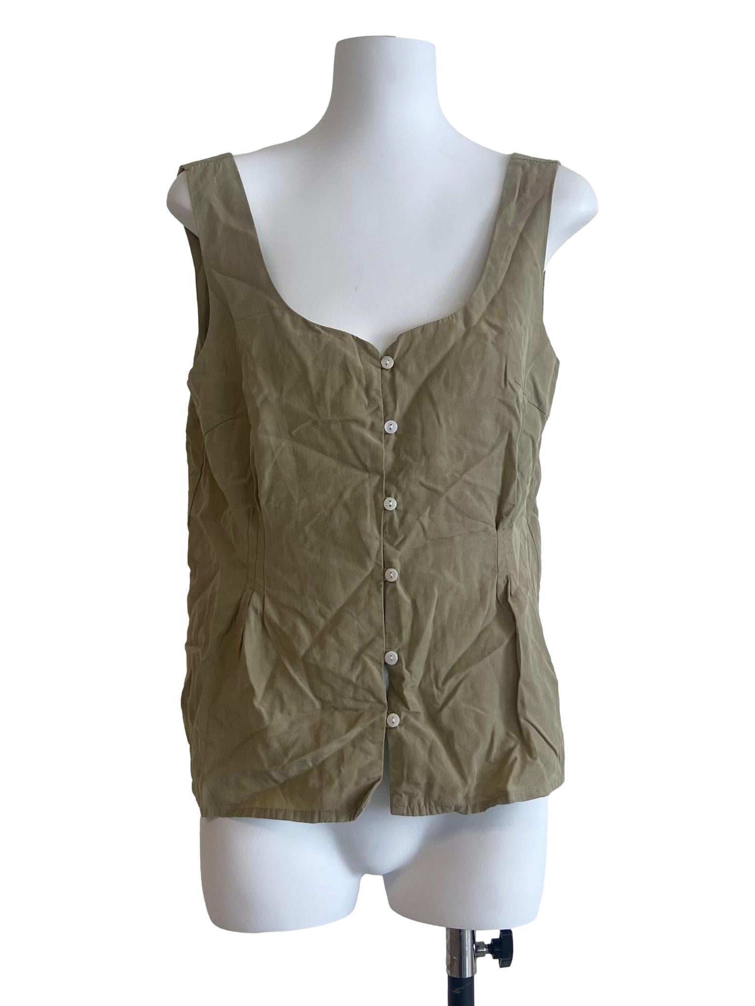 Olive Green Sleeveless Button Down Top TEM