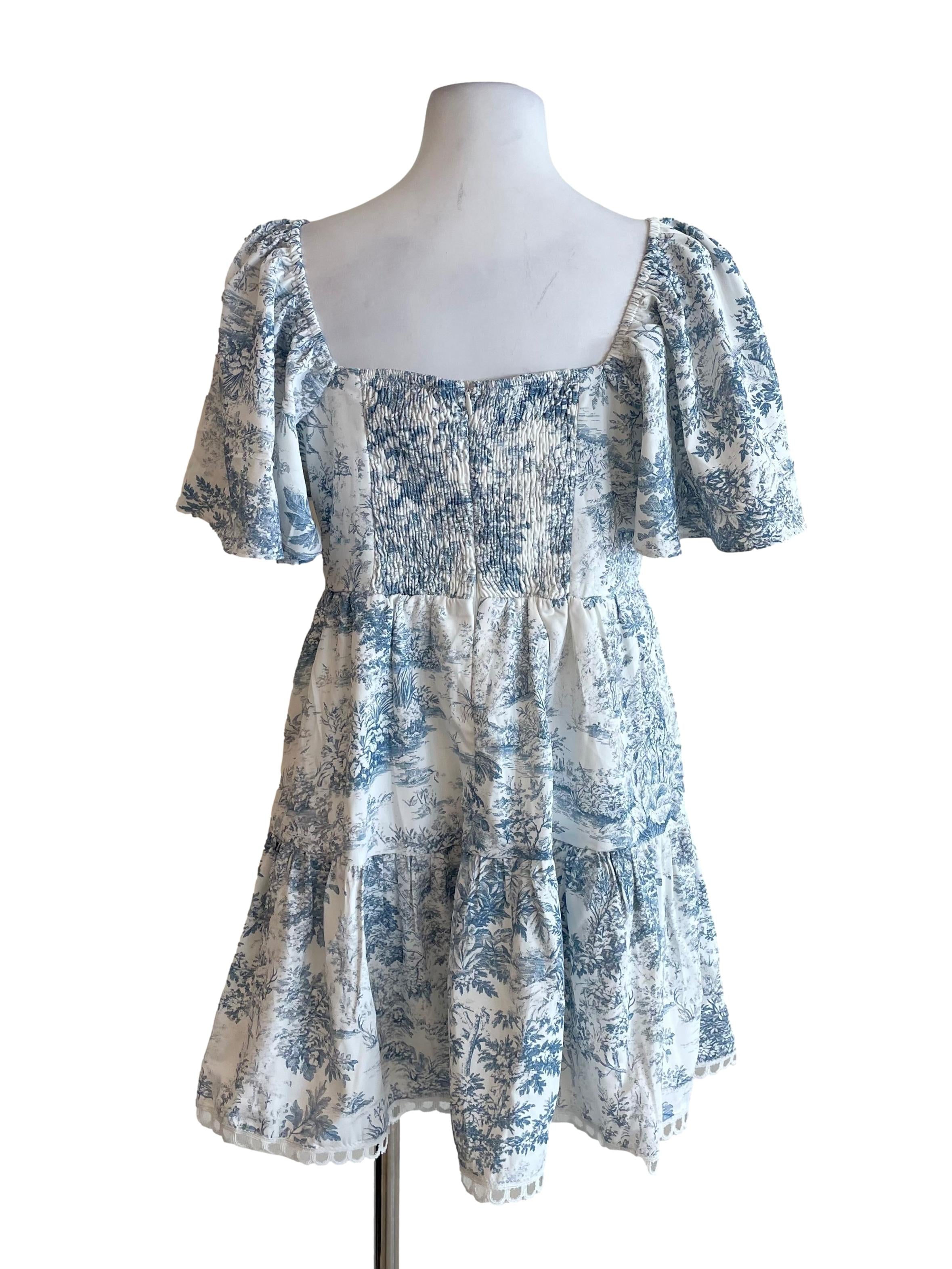 Blue & White Floral Butterfly Sleeves Bustier Dress