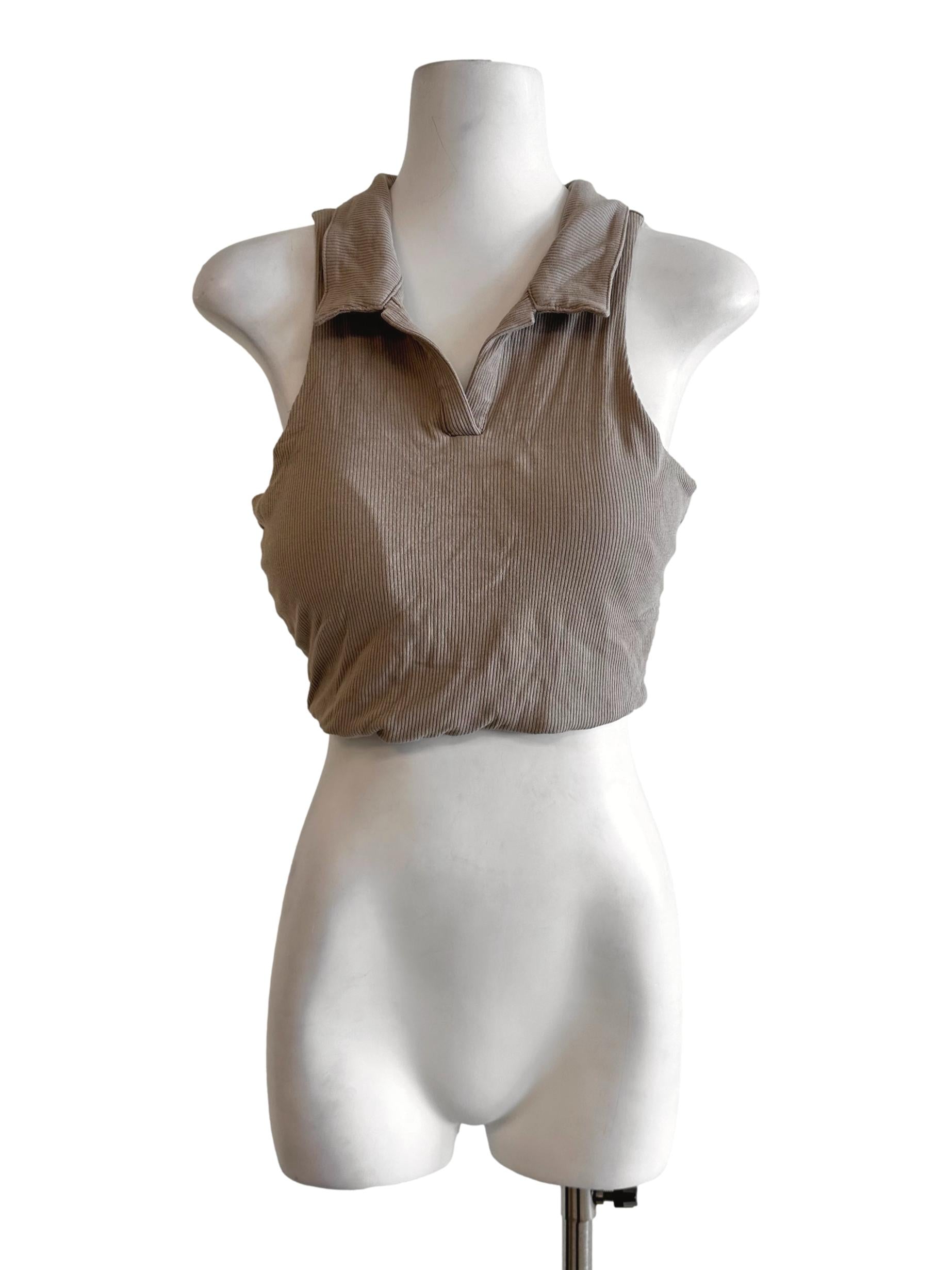 Sandcastle Beige Padded Texture Collar Sleeveless Top TTR