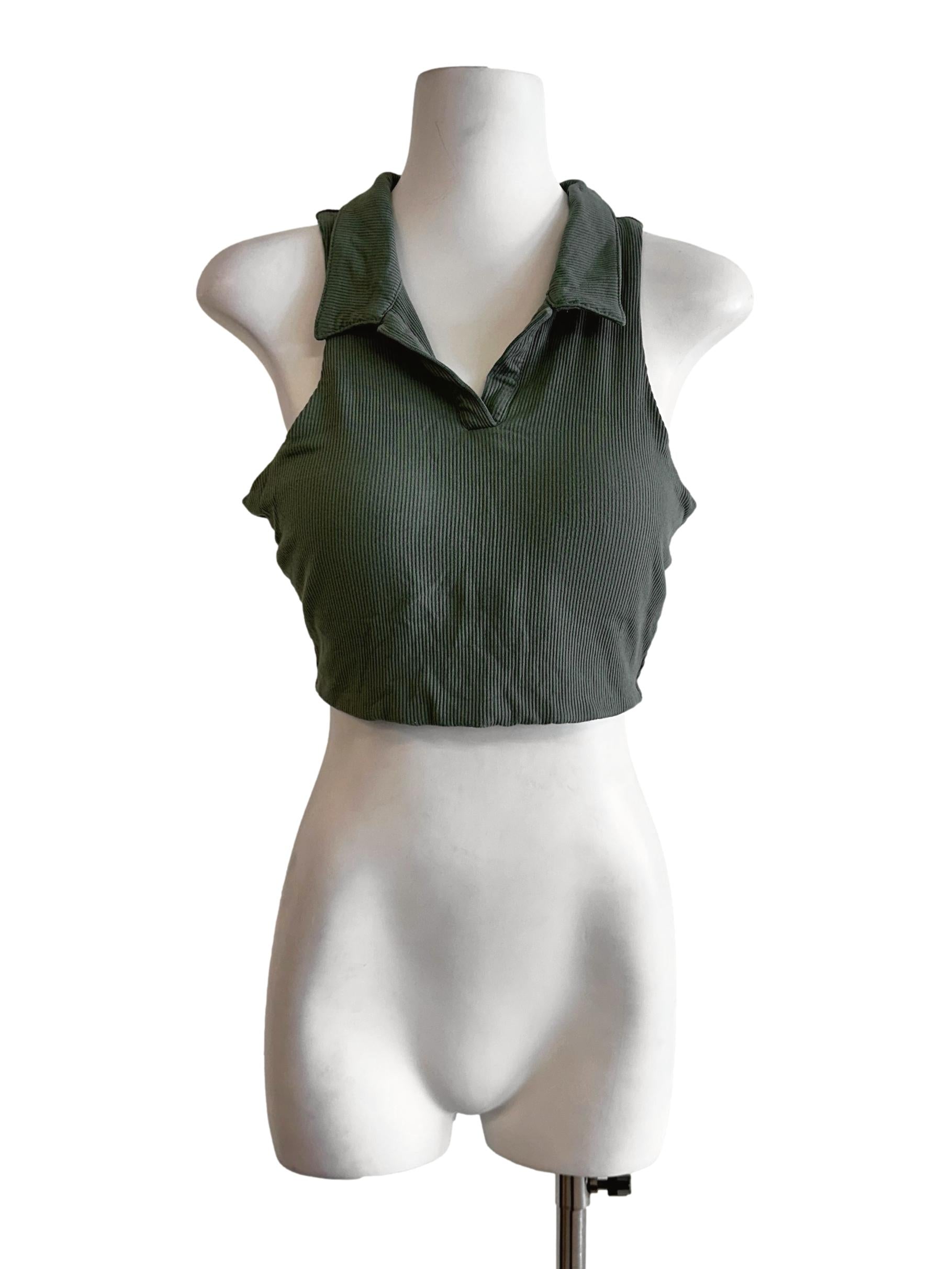 Green Padded Texture Collar Sleeveless Top TTR