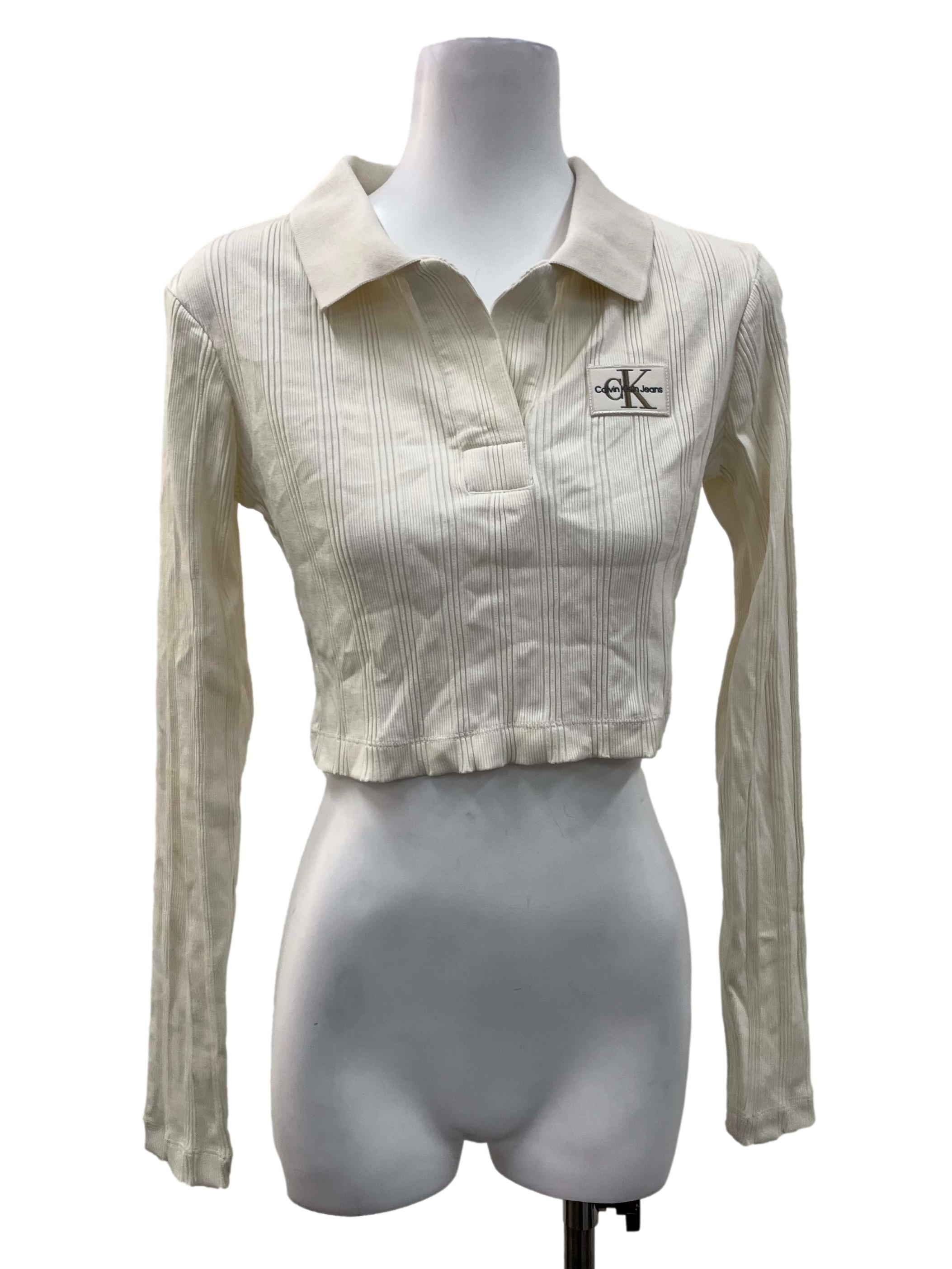 Off White Ribbed Collared Cropped Longsleeve Top