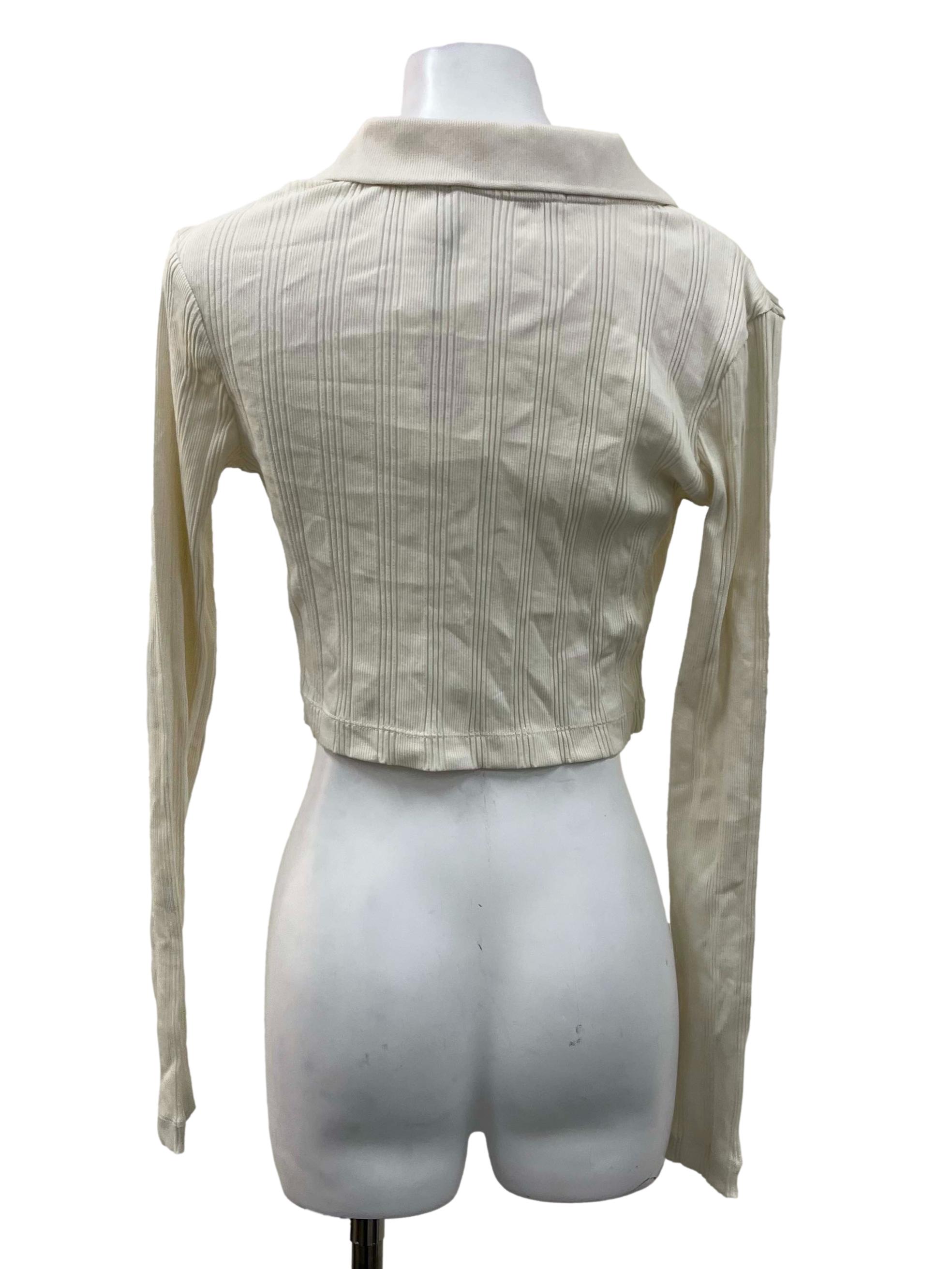 Off White Ribbed Collared Cropped Longsleeve Top