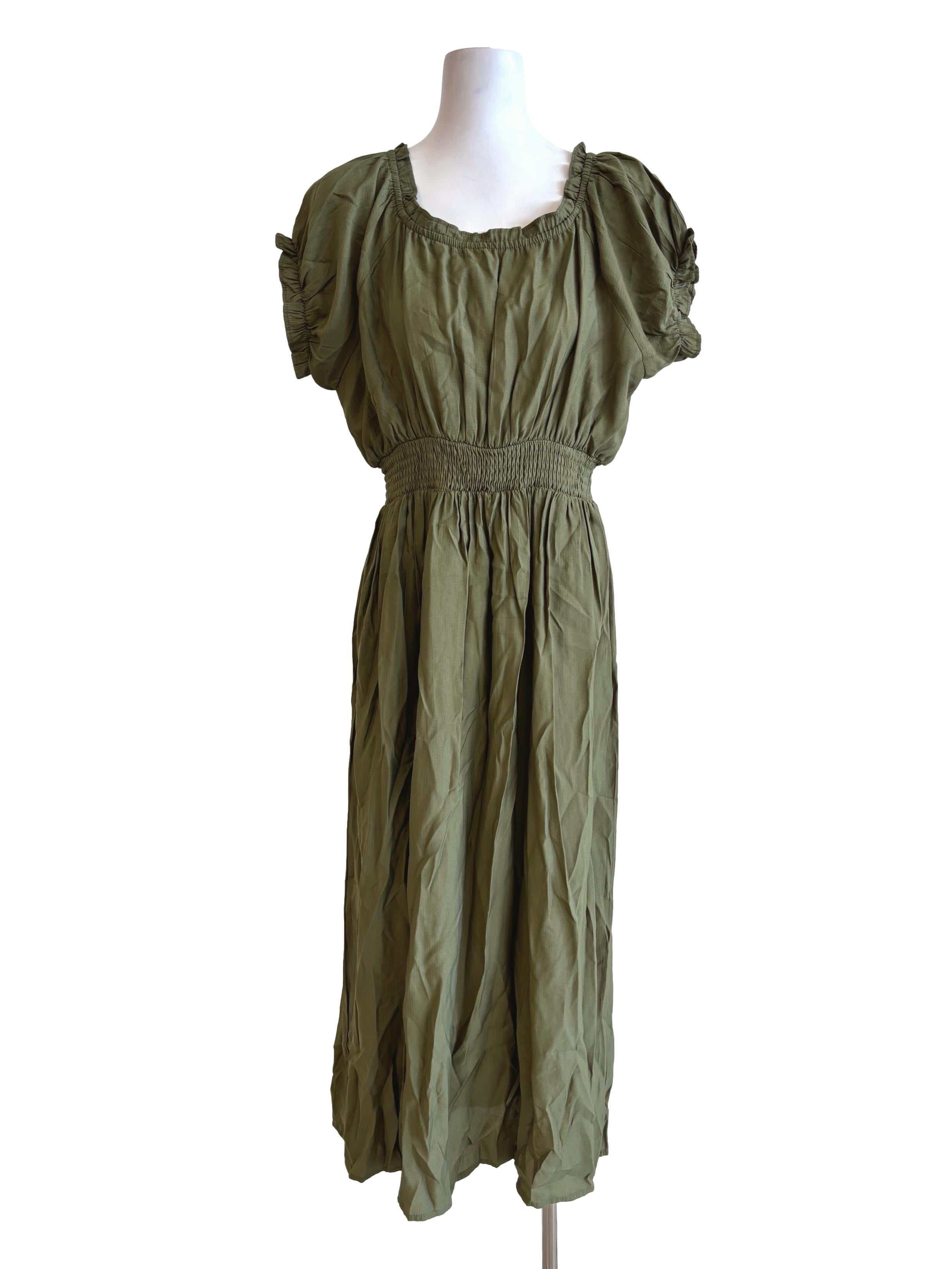 Olive Green Fitted Waist Cotton Dress