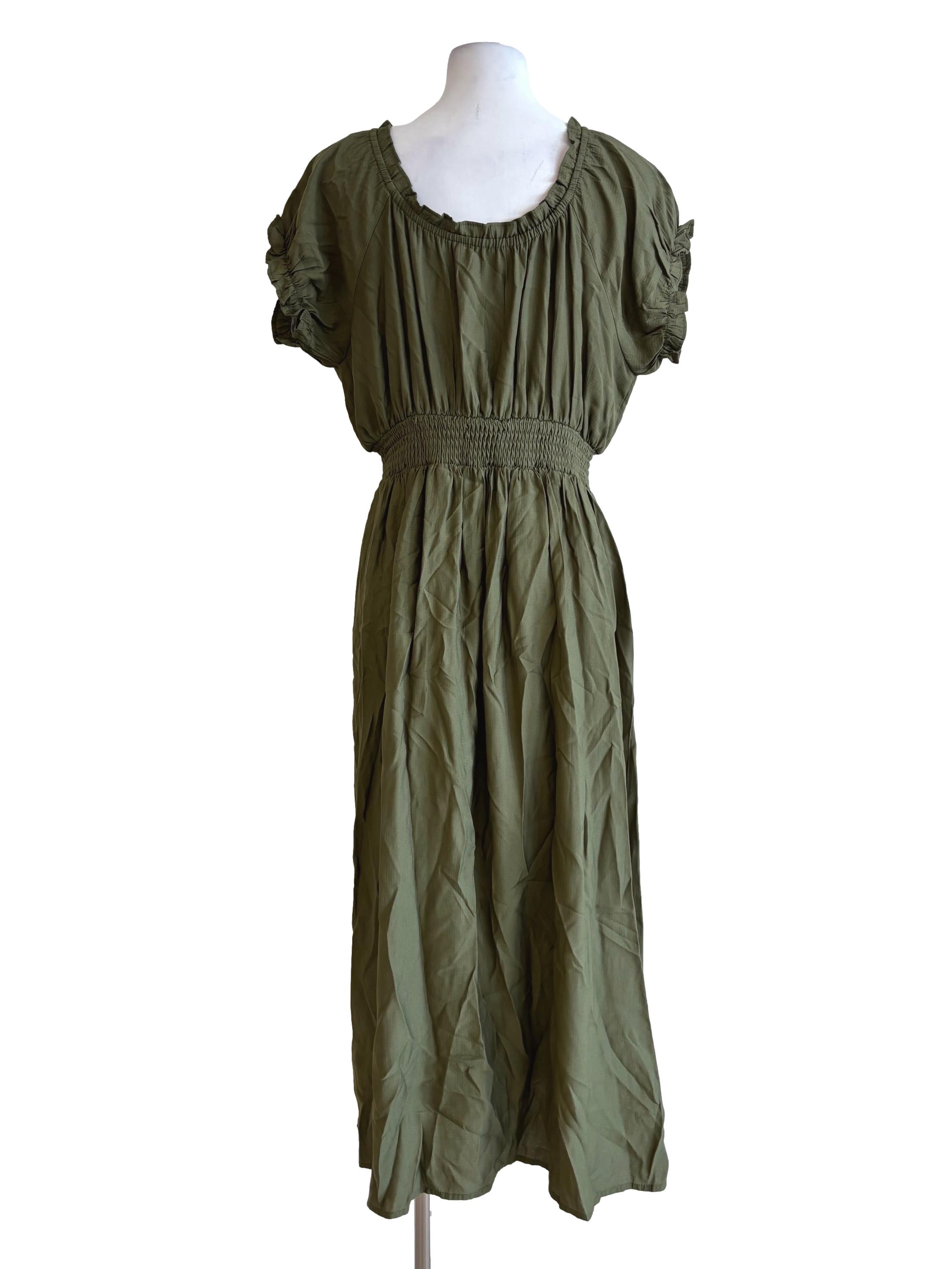 Olive Green Fitted Waist Cotton Dress