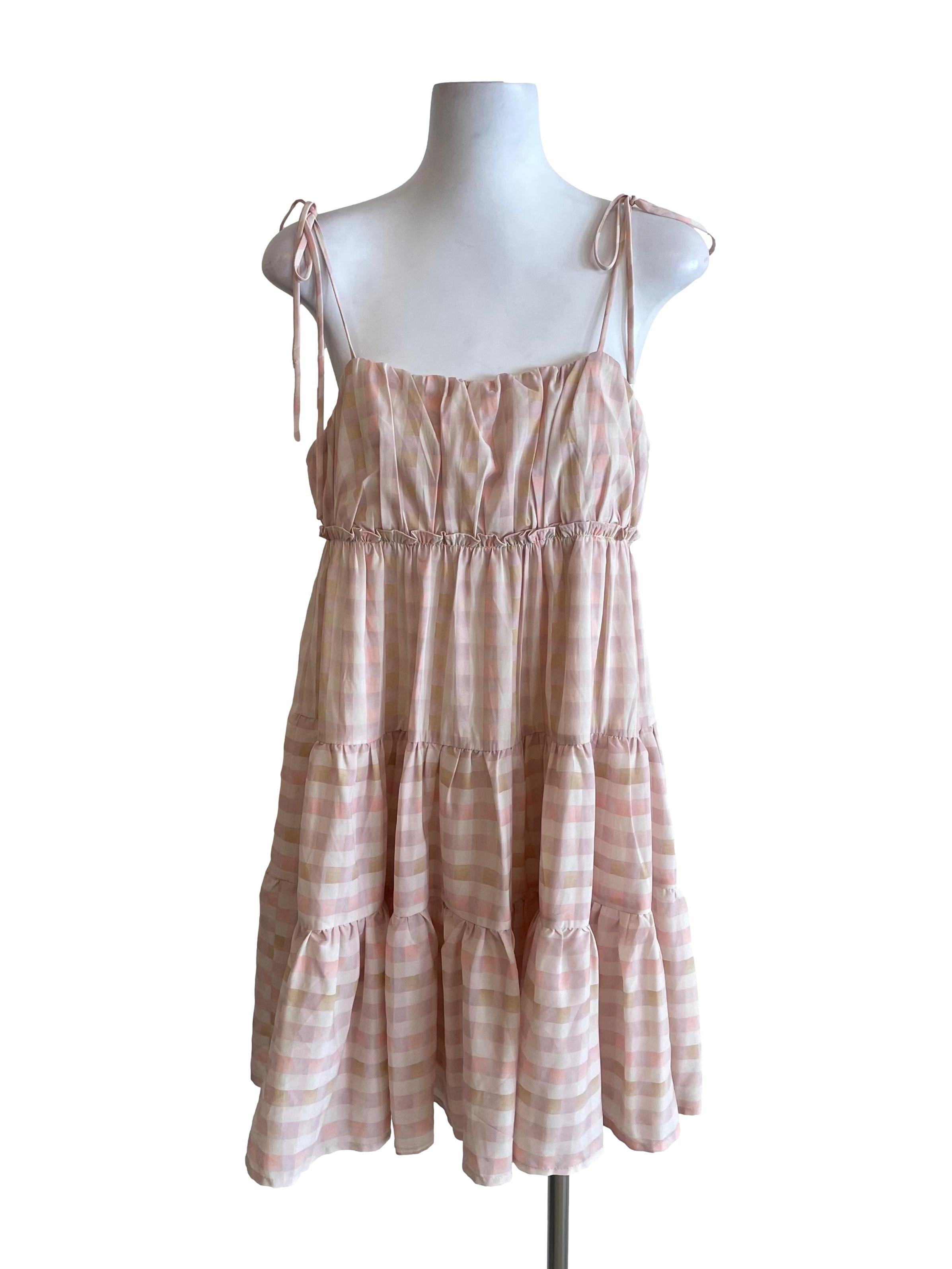 Pastel Peach Gingham Tiered Doll Dress