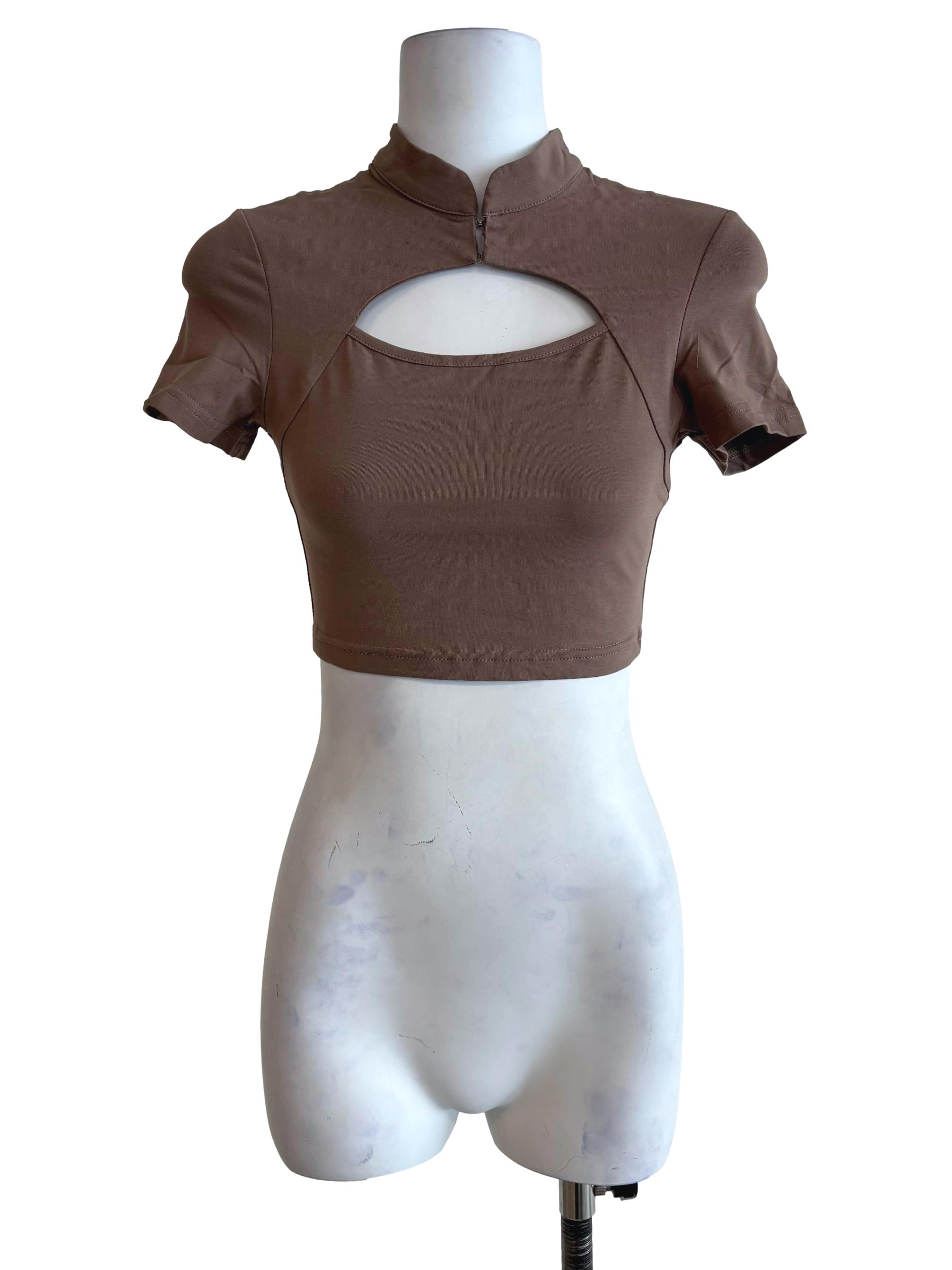 Brown Suki Mandarin Collar Crop Top